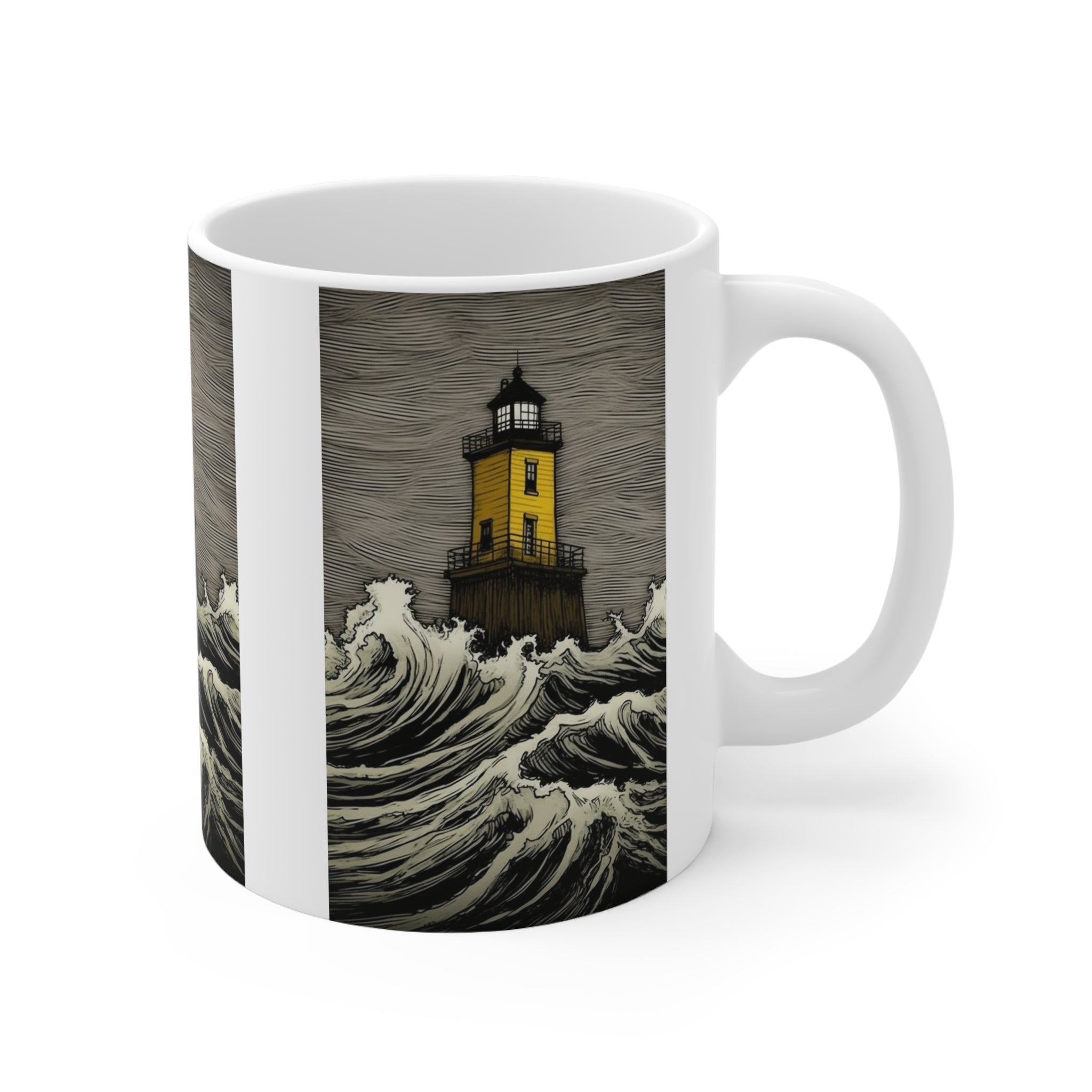 Perfect for Relaxing and Sipping Tea or Coffee "Yellow Sunflower Lighthouse Against the White Surf of the Bay" Ceramic Mug 11oz - Coastal Art and Relaxation & Nautical Painting for Coffee Lovers Gift for Teachers Gift for Employees or Boss