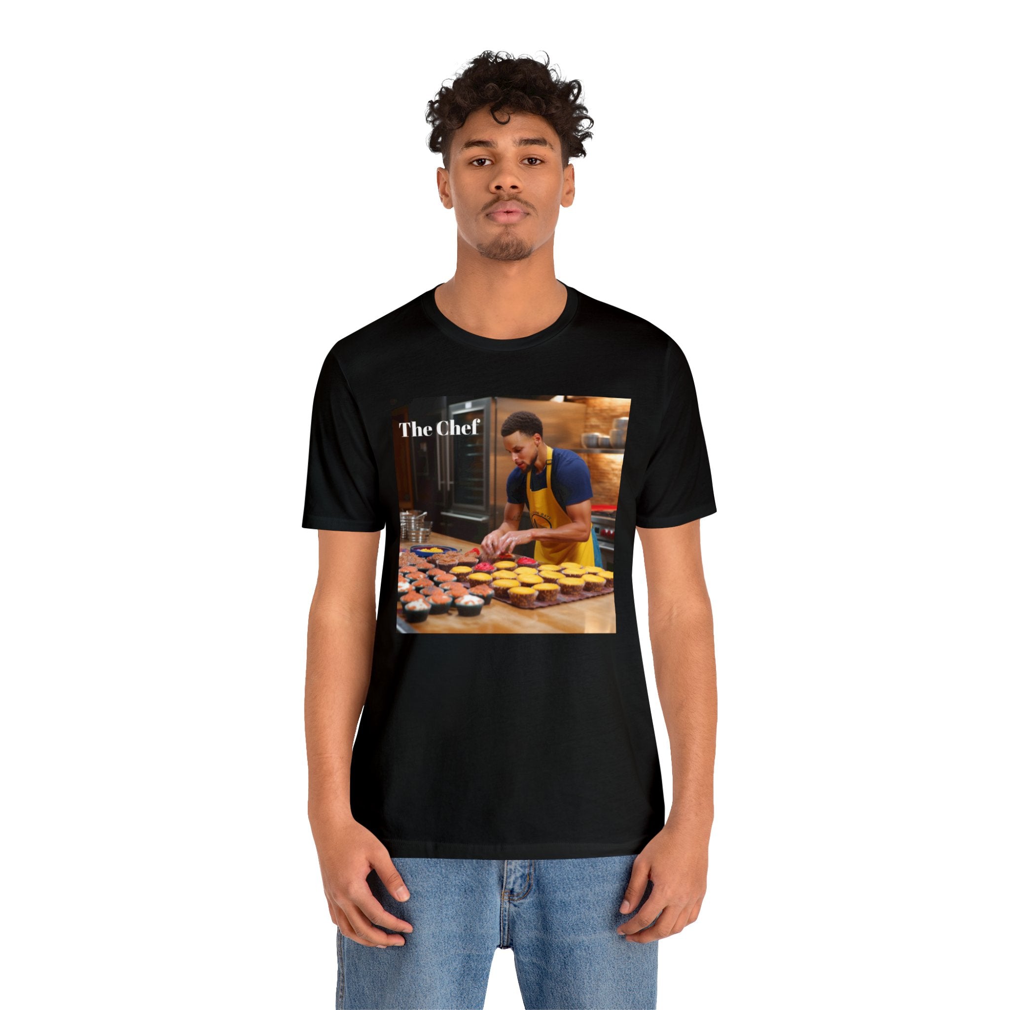 Chef Curry Cooking in the Kitchen Parody Tee: Professional Basketball Player Moonlighting as a Baker Cupcakes Design - Unisex Jersey Short Sleeve Tee for Sports and Baking Enthusiasts