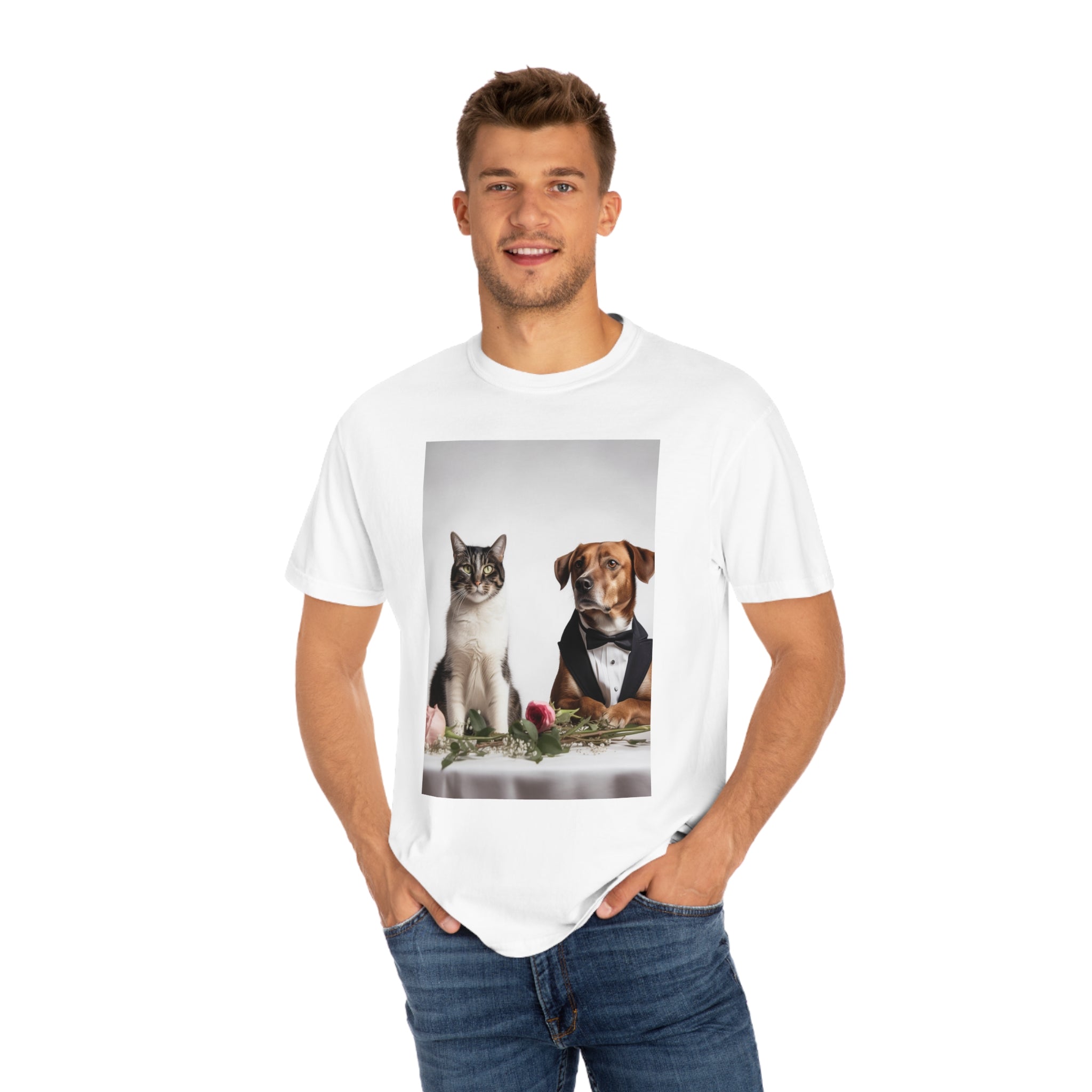 Unisex Garment-Dyed T-shirt-- Dog and Cat at Dinner Great Gift for Dog and Cat Lovers