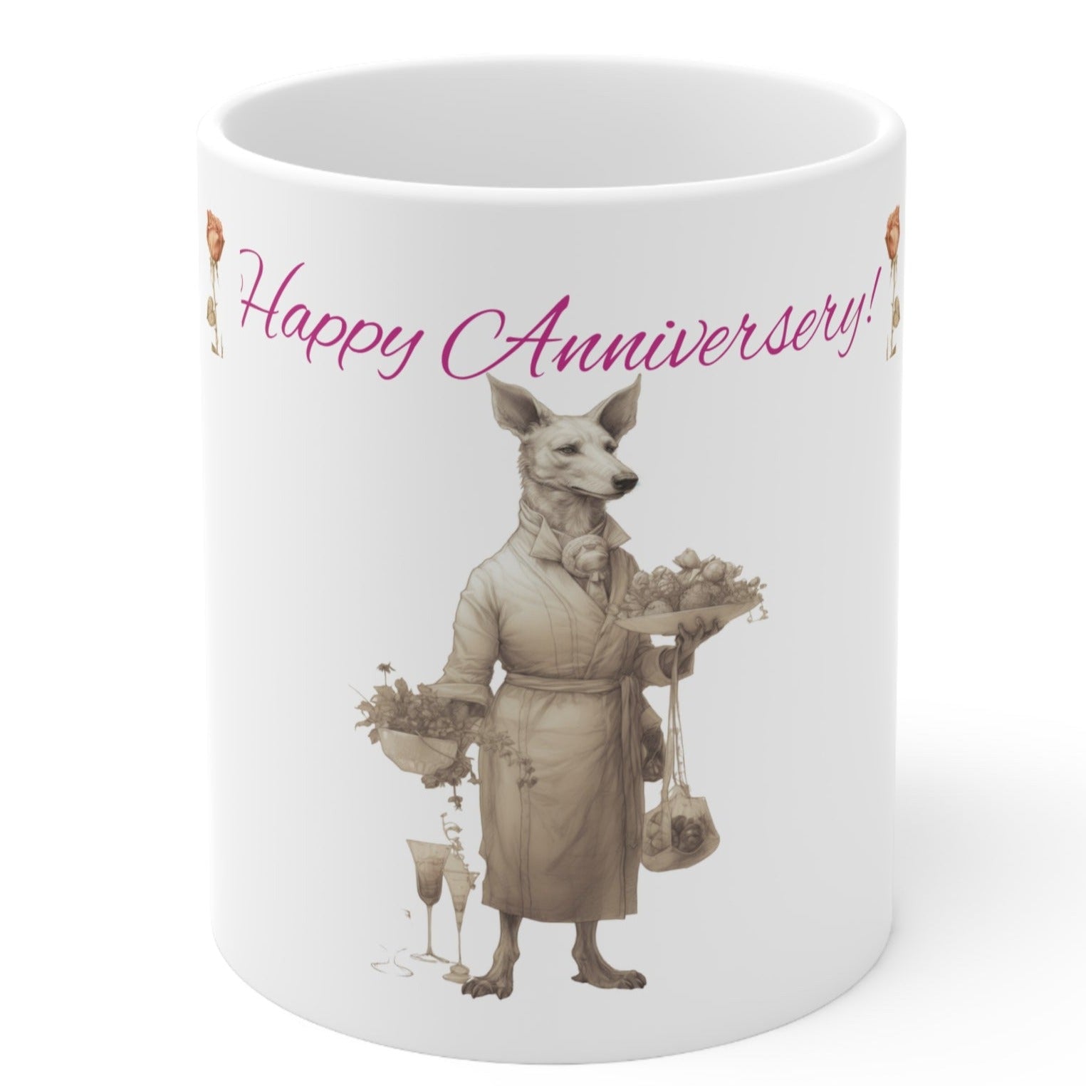 Beautiful Coffee Mug of a Handsome Dog in a Distinguished House Robe with Anniversary Gifts--It Says "Happy Anniversary!".