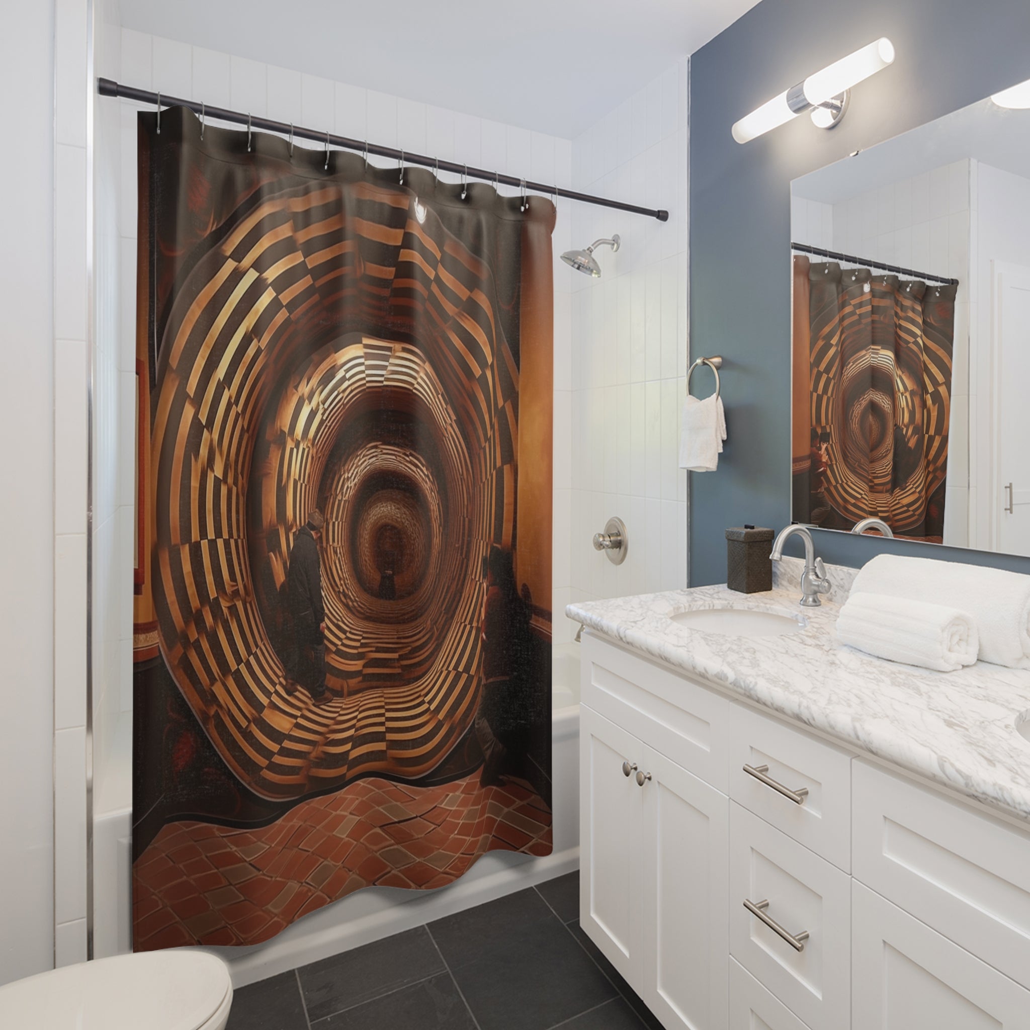 Fantasy Bathroom Decor🚪 Sublime Urban Illusion Portal: Hyper-Realistic Optical Illusion Tapestry & Shower Curtain - Brown Building Interior Gateway Design for Contemporary Home Décor 🏢🛁