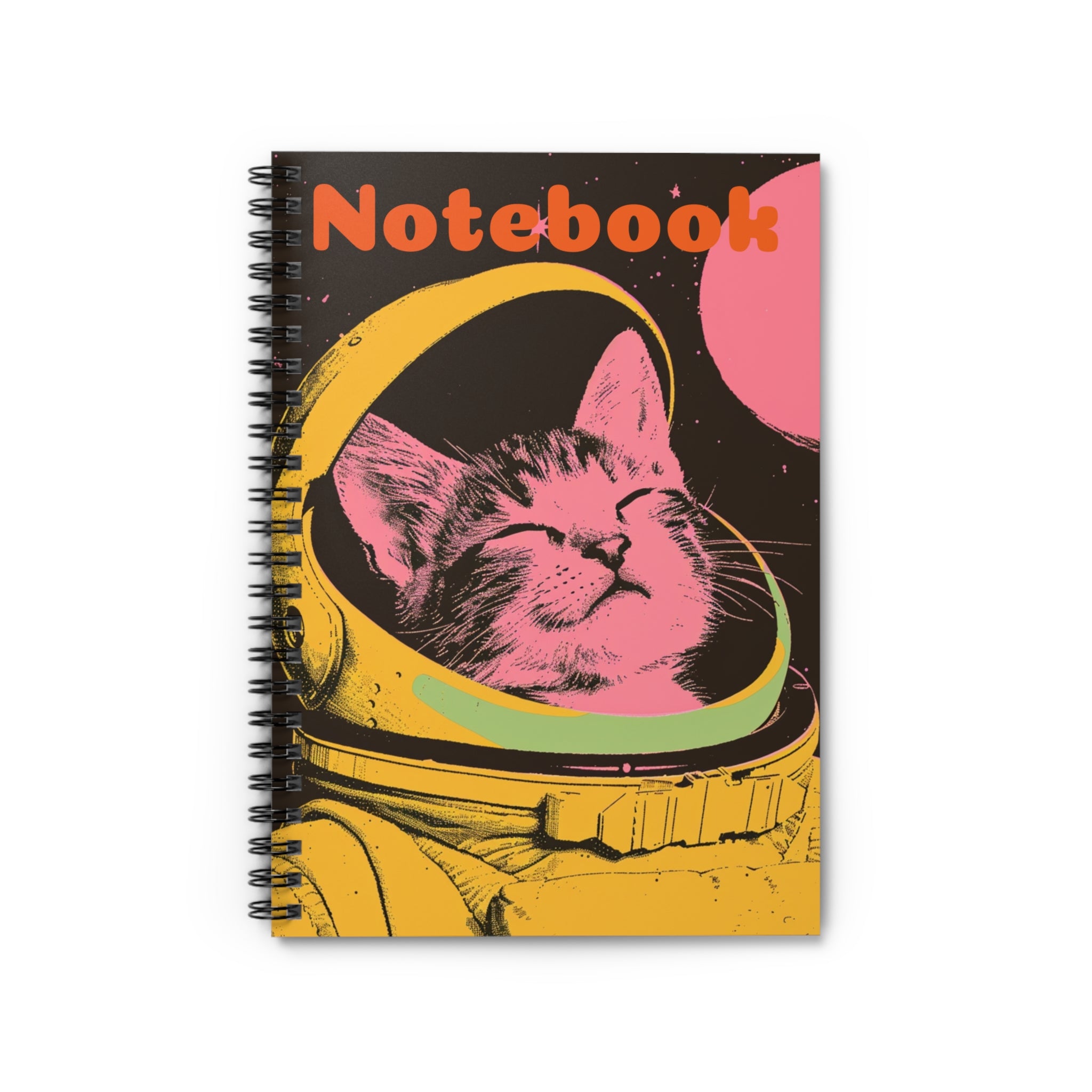 The image features a spiral notebook with a vibrant and abstract design of a cat dressed as an astronaut on the cover. The ruled lines and high-quality paper are also highlighted, making it an ideal choice for writing and note-taking.