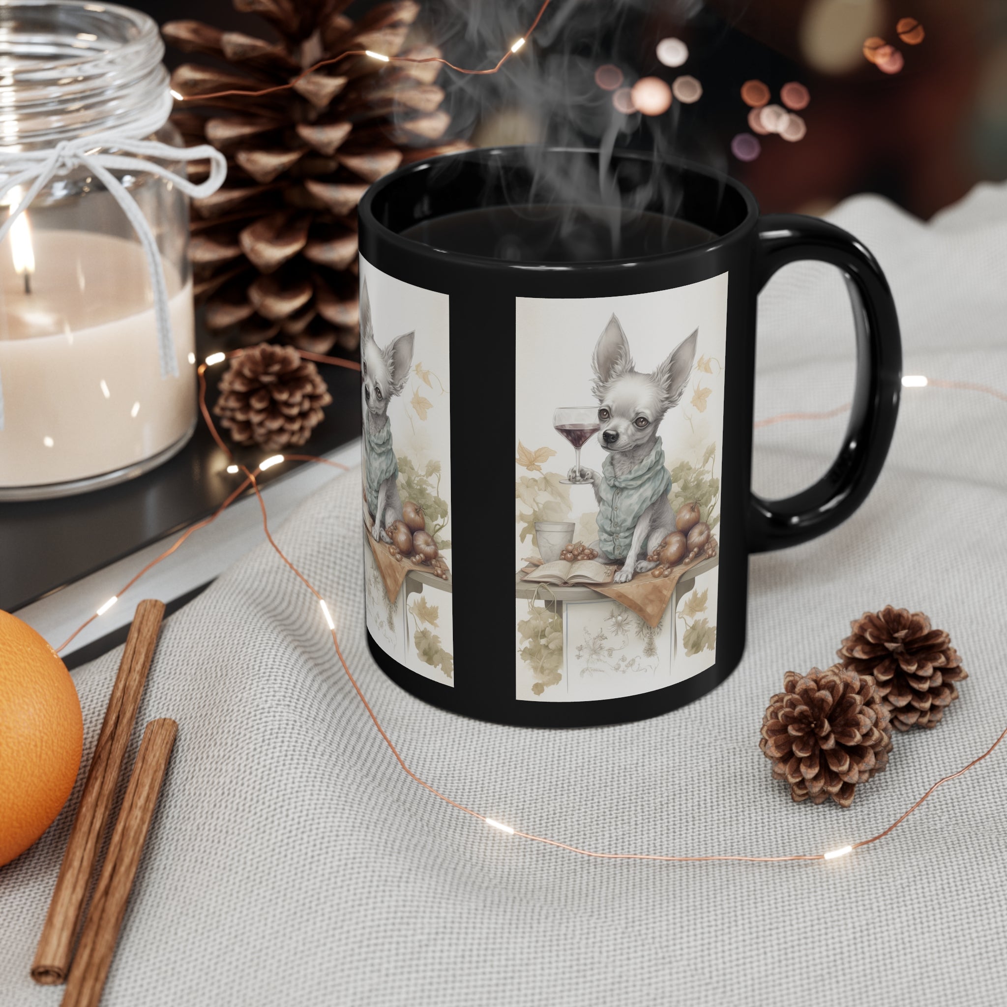 🍷 Wine Serving Chihuahua 11oz Black Mug - Whimsical Dog Lover's Coffee Cup | Adorable Chihuahua Bartender for Wine Enthusiasts