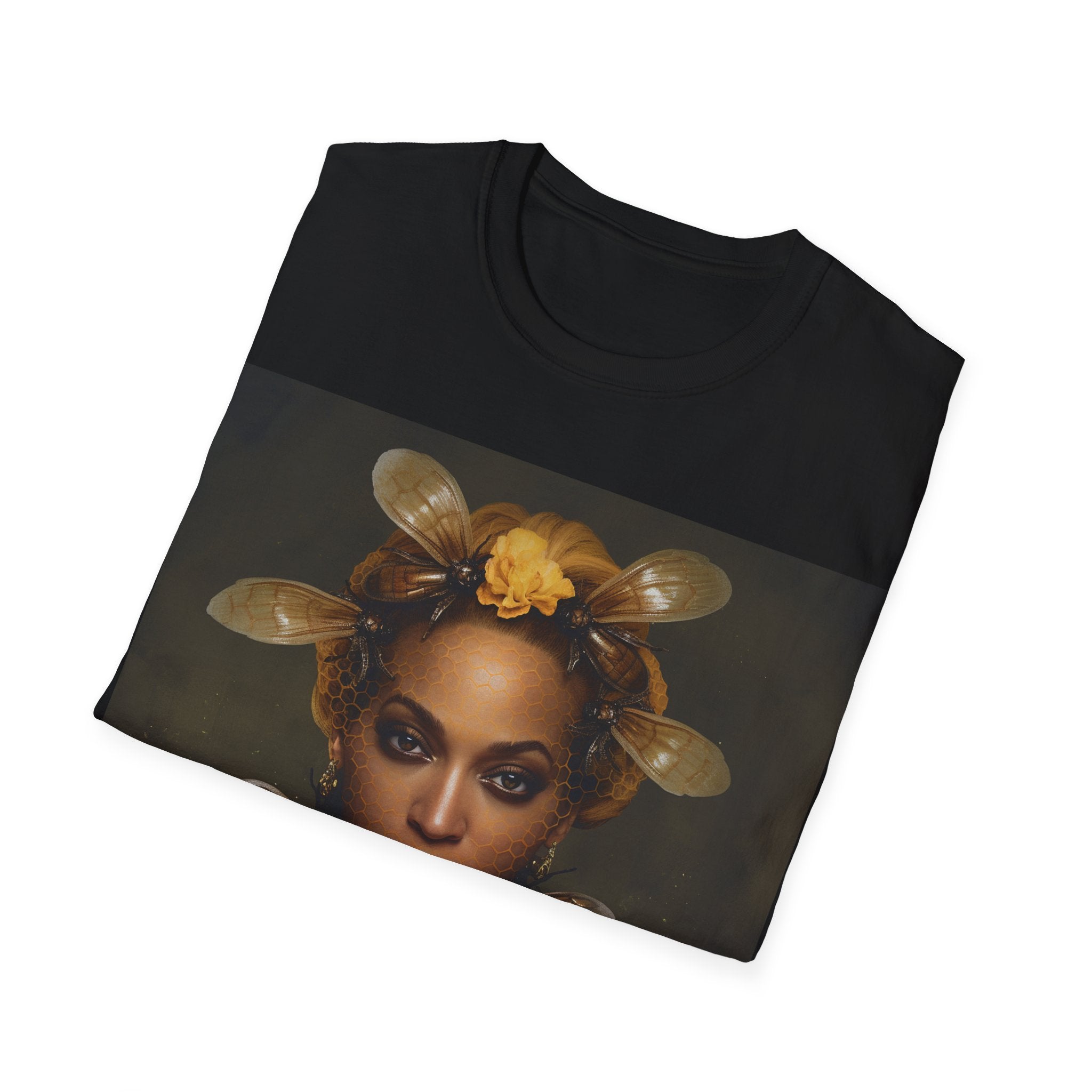 This image showcases a stylish, softstyle unisex t-shirt featuring a unique design inspired by Beyoncé. The t-shirt is displayed in a flattering cut, emphasizing its high-quality fabric and the vibrant tribute artwork that celebrates the music icon's legacy.