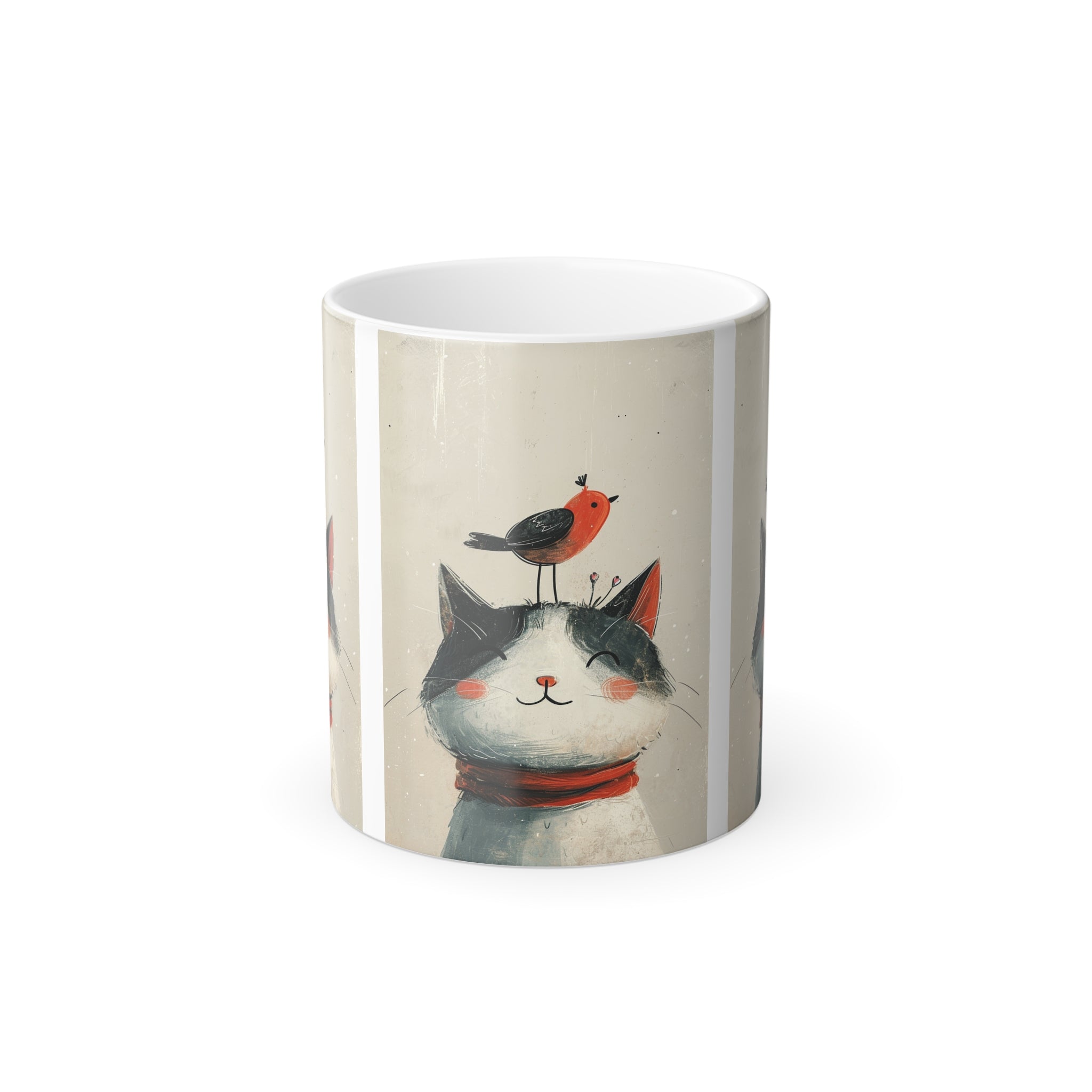 🐱🐦 Red Sparrow and Friend Cat Color Morphing Mug - 11oz | Magic Heat-Changing Ceramic Cup for Cat Lovers | Unique Color-Shift Coffee Mug
