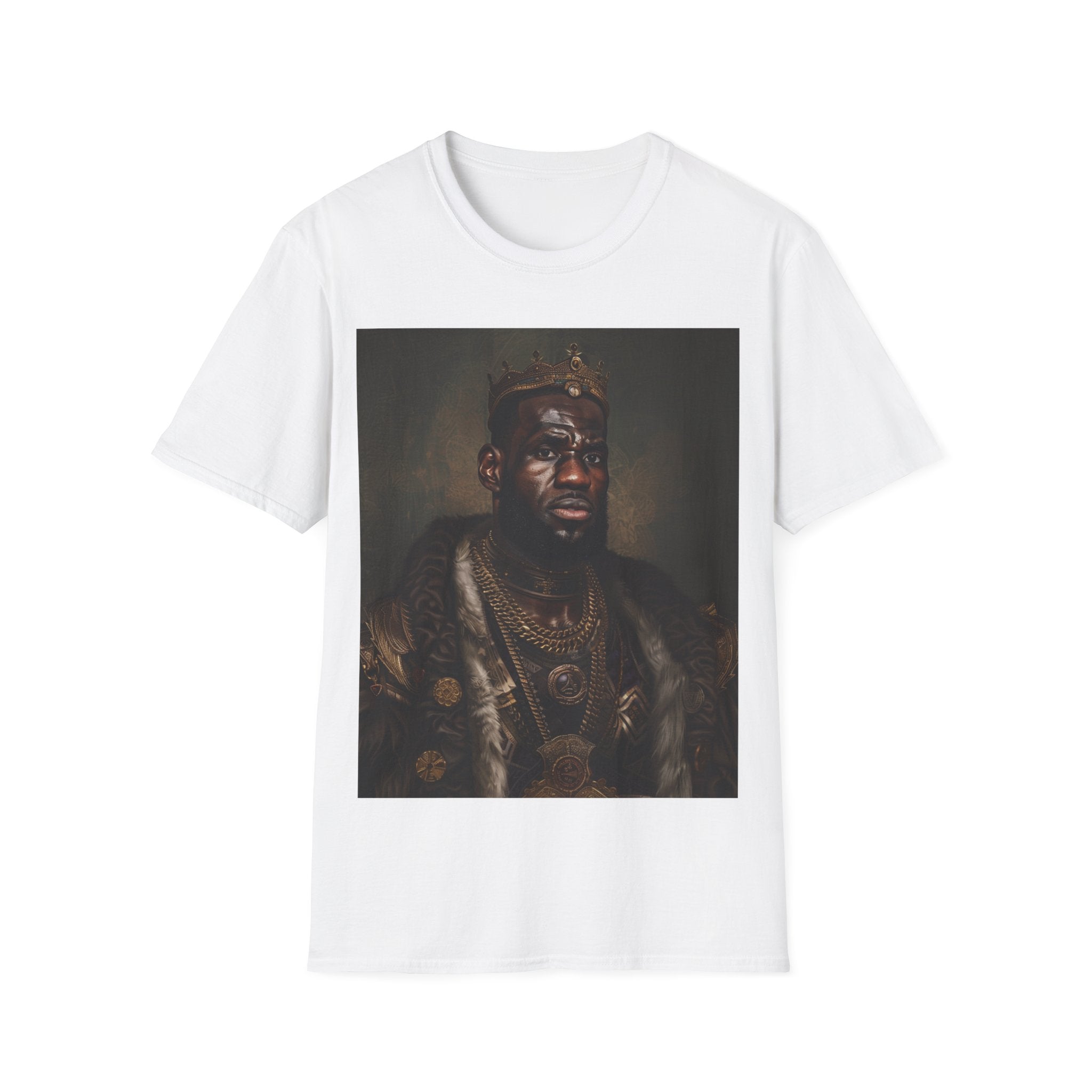 The image showcases the sophisticated unisex softstyle t-shirt, featuring a detailed and artistically rendered portrait of King James in the style of a Renaissance painting. The quality of the softstyle material is evident, promising comfort and durability, while the design speaks to the blend of sports legacy and classical elegance. Inspired by Lebron James.