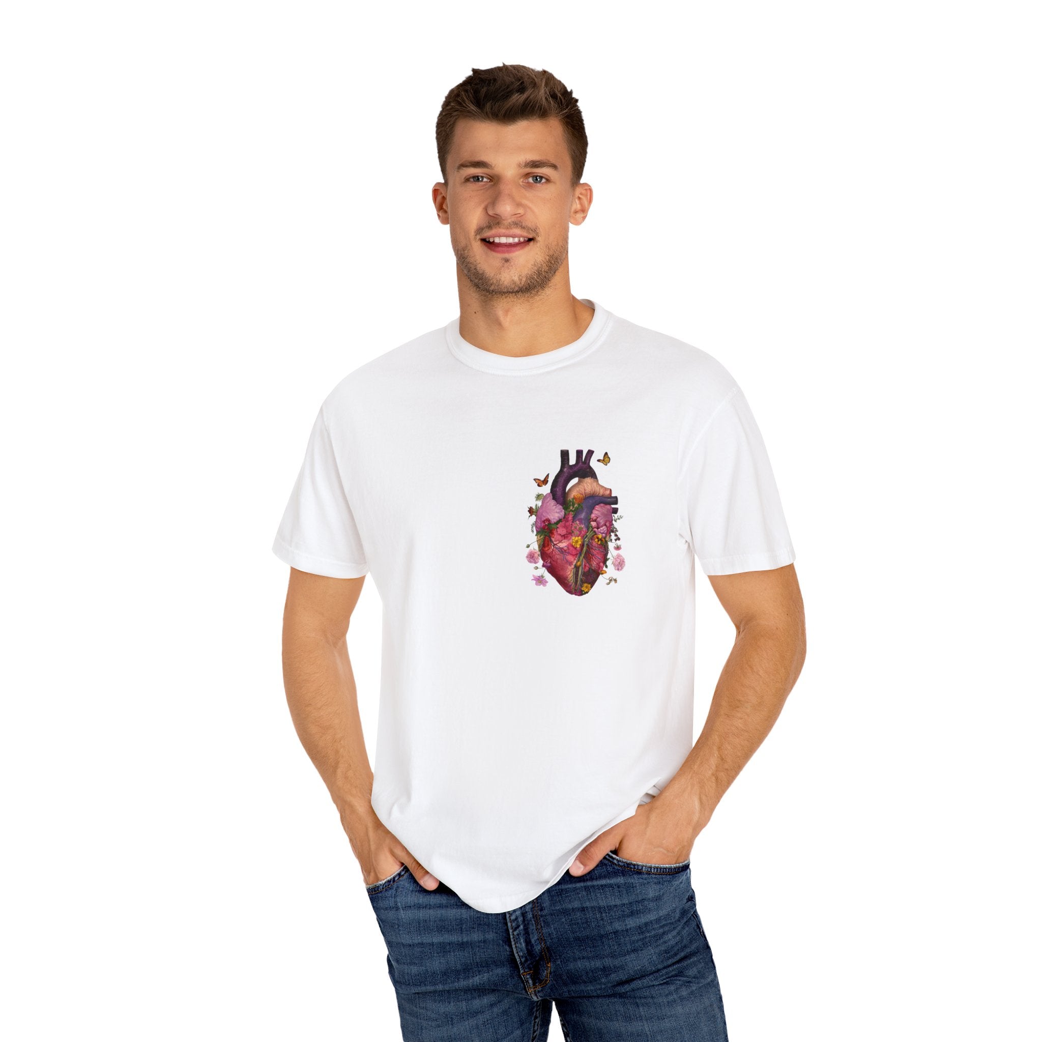 Botanical Heartbeat: Floral Heart Anatomy Unisex Garment-Dyed T-Shirt - Wearable Art with a Touch of Nature