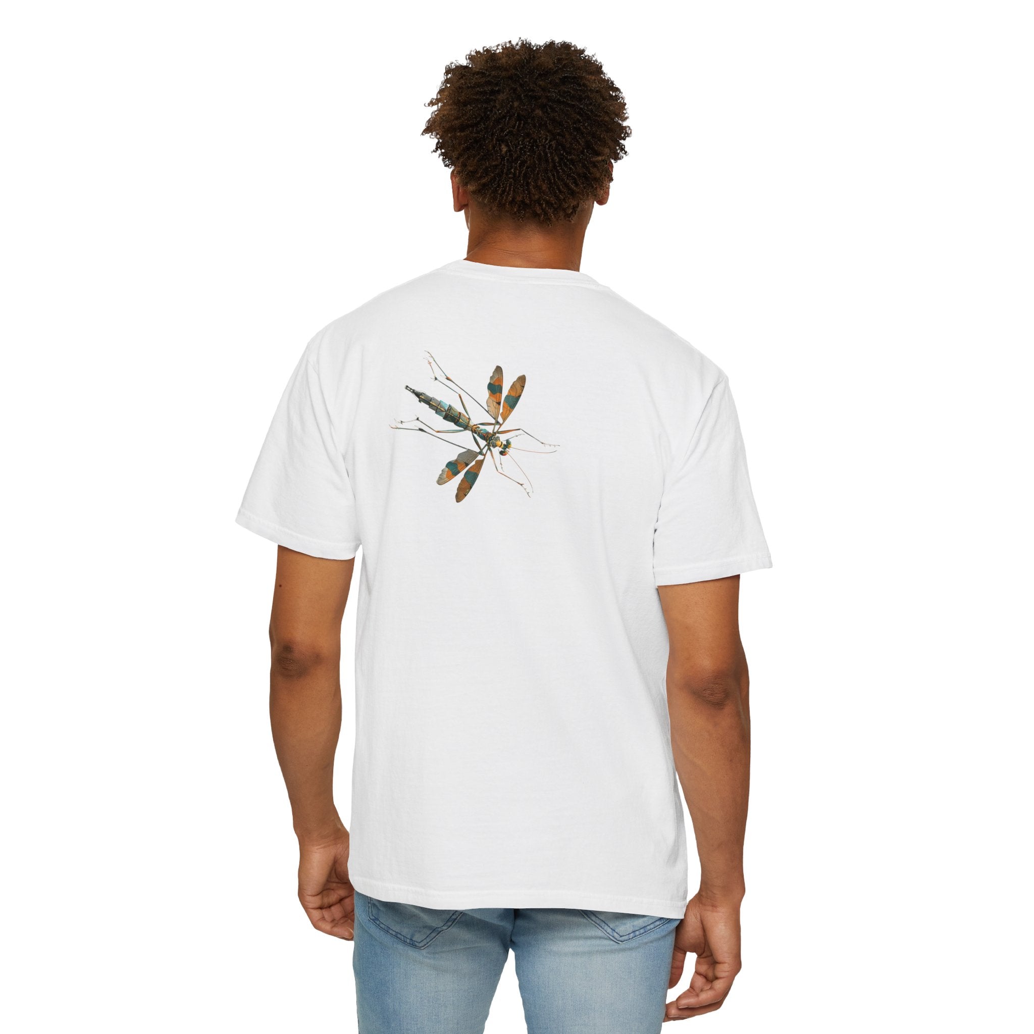 The image showcases a stylish unisex garment-dyed t-shirt in a soft, appealing color. The back of the shirt features a highly detailed, lifelike bug illustration that looks poised to crawl away. The front remains plain, directing all attention to the joke played on the unsuspecting viewers behind the wearer