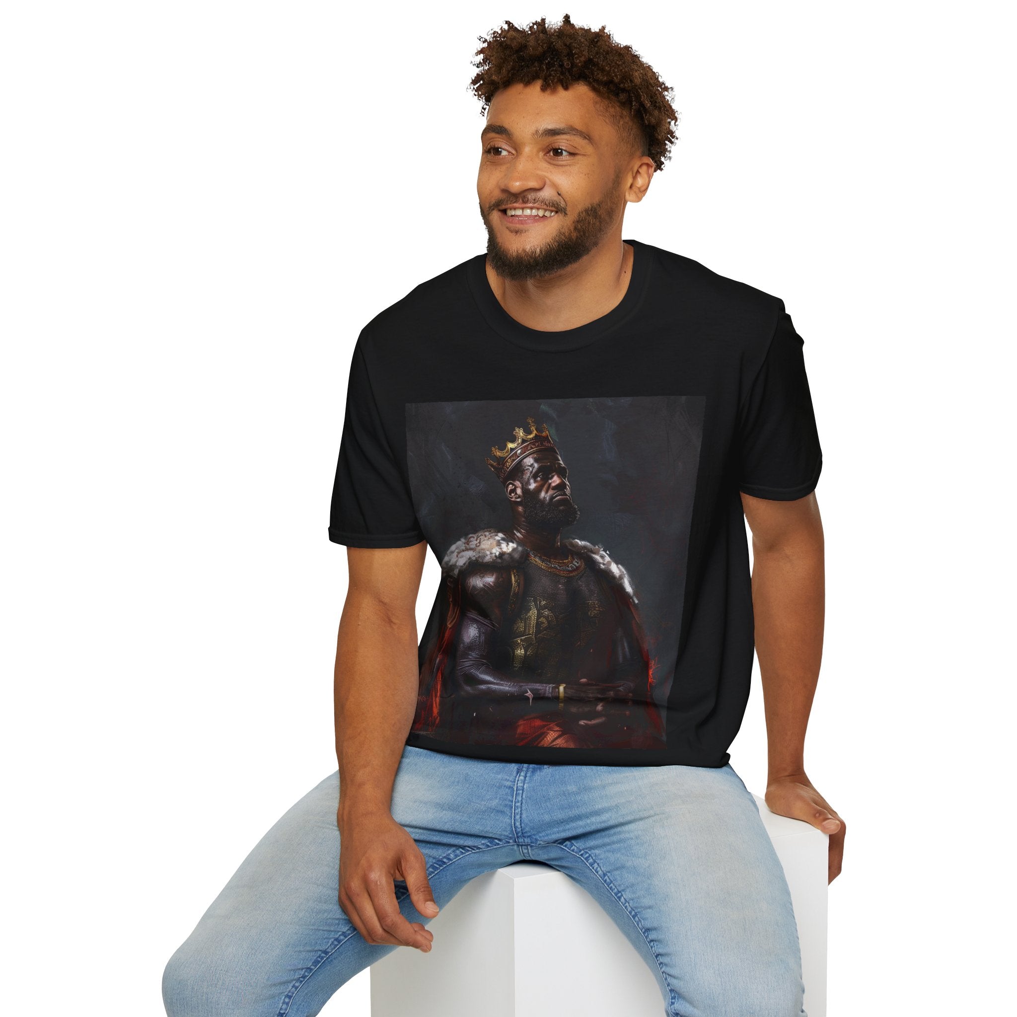 Regal Dribbles: King James Renaissance Portrait Unisex Softstyle T-Shirt - Elegance on the Court