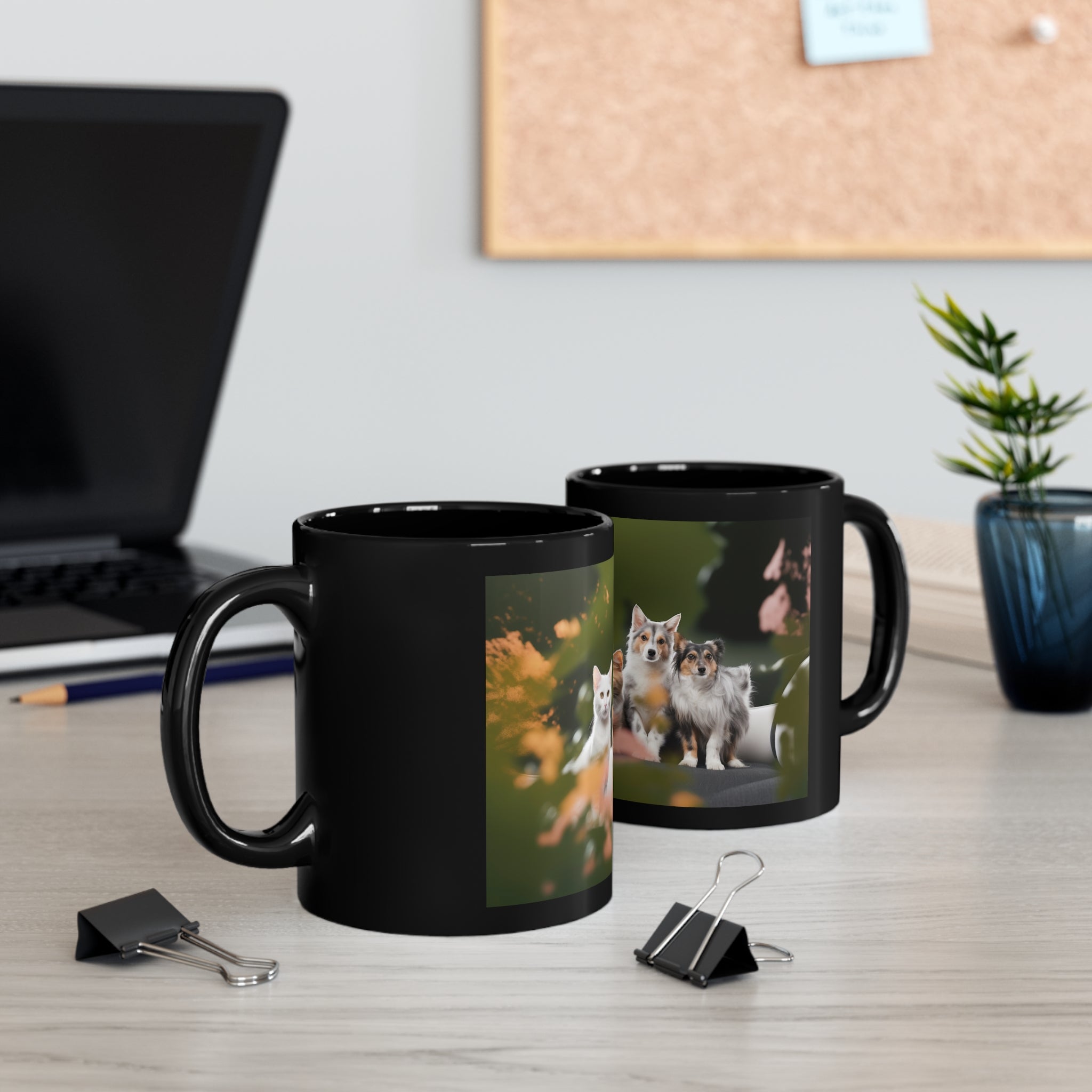 Photorealistic 11oz Black Mug Whimsical Pet Paradise  - Garden Delight with Dogs and Cats - Animal Lover's Drinkware