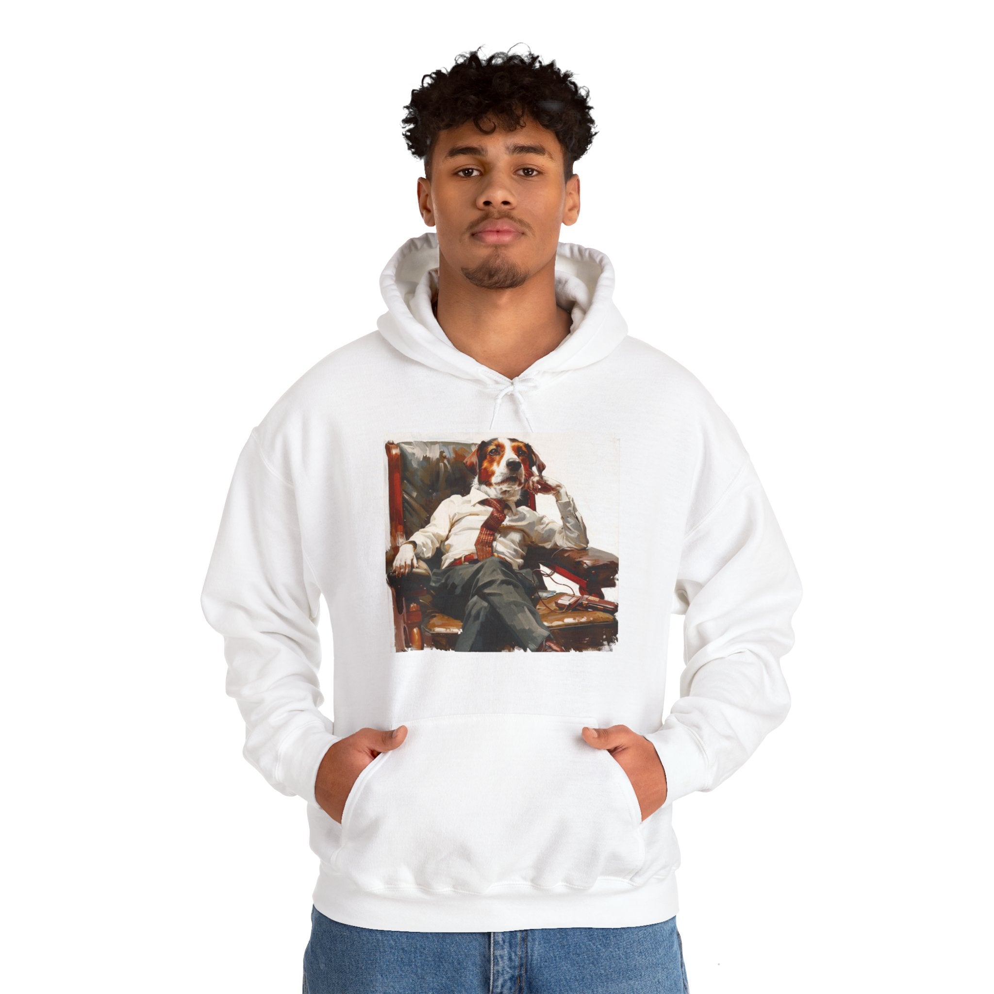 The image showcases a cozy unisex heavy blend hooded sweatshirt featuring a detailed illustration of a dog dressed as a CEO, inspired by Norman Rockwell's artistic style. The design is both humorous and sophisticated, with the hoodie’s soft, comfortable fabric and relaxed fit making it ideal for any casual occasion.