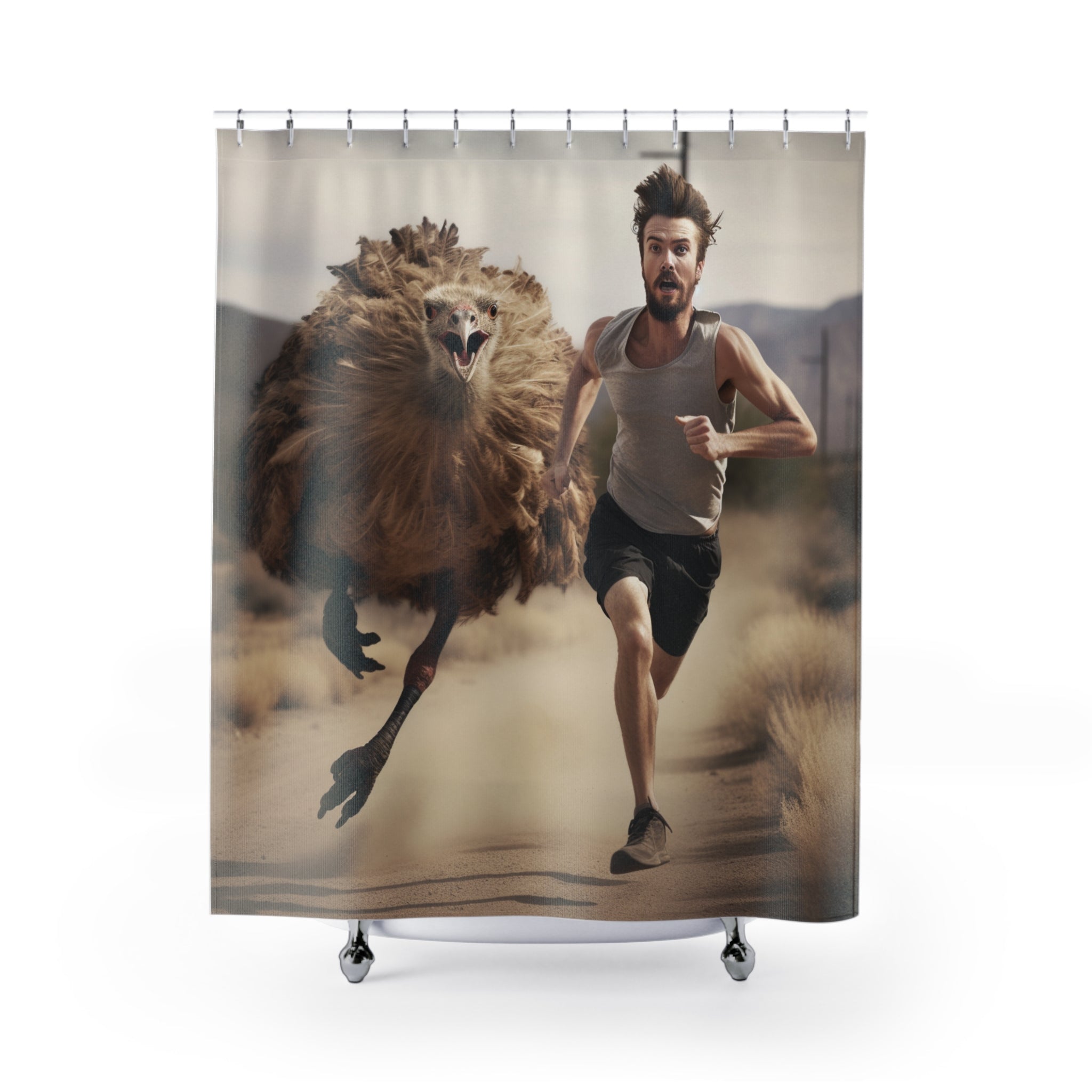 Escape from Prehistoric Terror: Funny Shower Curtain Featuring Man Running from Fierce Big Bird - Hilarious Bathroom Decor Gift for New Apartments and Homes