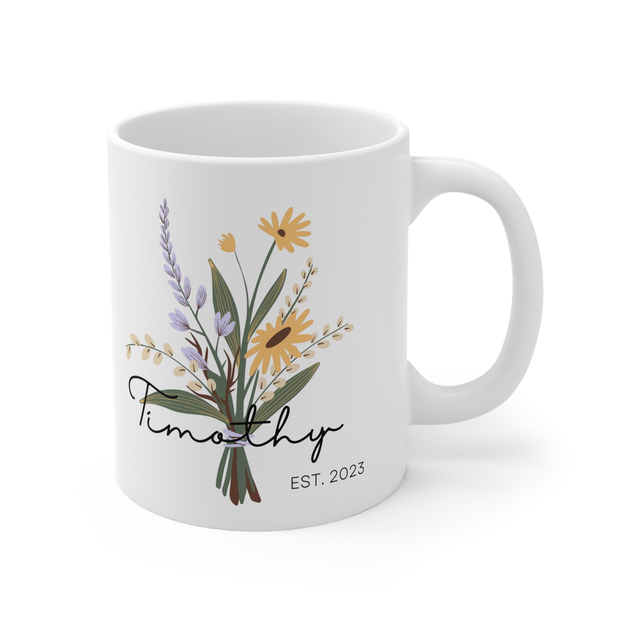 Great Gift for Work or for Coffee Breaks! Cherish Memories with Our Personalized Name and EST Date Floral Ceramic Mug 11oz - A Custom Keepsake to Sip and Smile