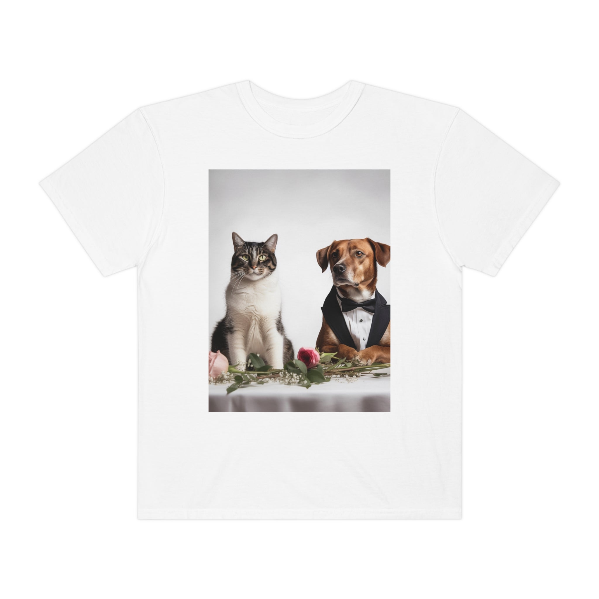 Unisex Garment-Dyed T-shirt-- Dog and Cat at Dinner Great Gift for Dog and Cat Lovers