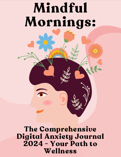 The image showcases the sleek, digital cover of "Mindful Mornings," opening to reveal an organized, intuitive layout. Each page, from the hyperlinked index to the detailed trackers and logs, is designed with clarity and ease of use in mind, inviting users to embark on a journey of mindfulness and self-care.