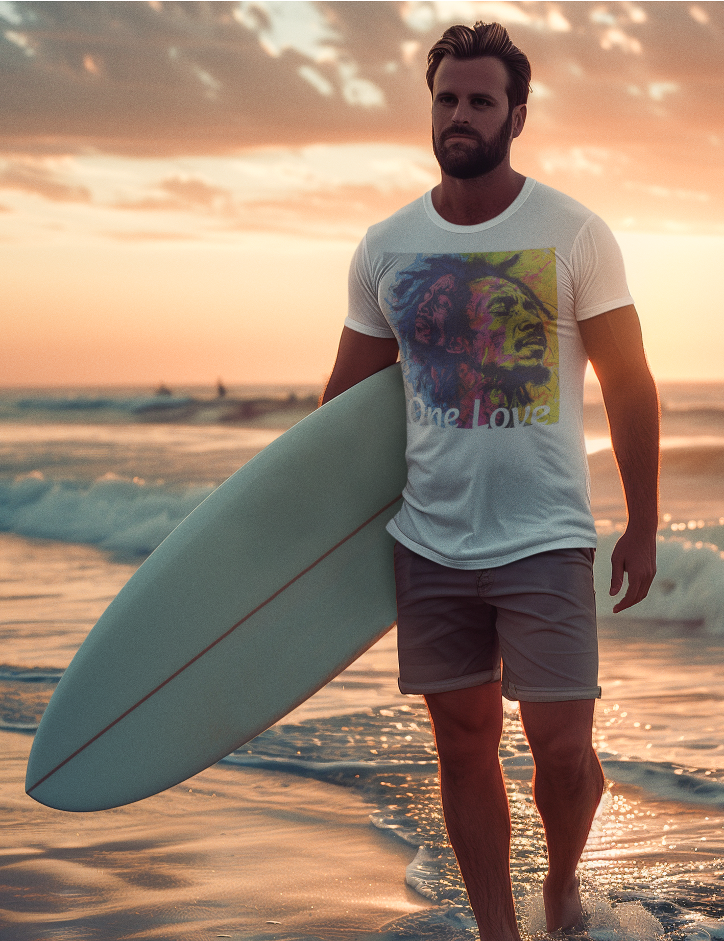 The image showcases a men's polyester tee adorned with a vivid, all-over print dedicated to Bob Marley. The design bursts with colors and symbolic references to Marley's artistry and message, all captured in high-quality fabric that highlights the tee's comfort and visual appeal