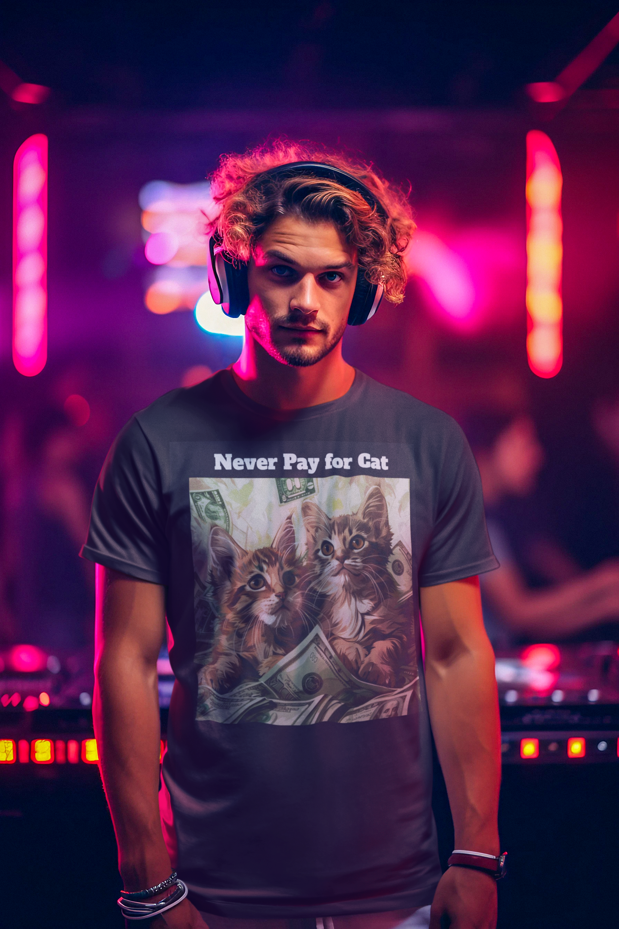Feline Finances: 'Never Pay for Cat Dating' Humor - Kittens & Cash Unisex Garment-Dyed T-Shirt