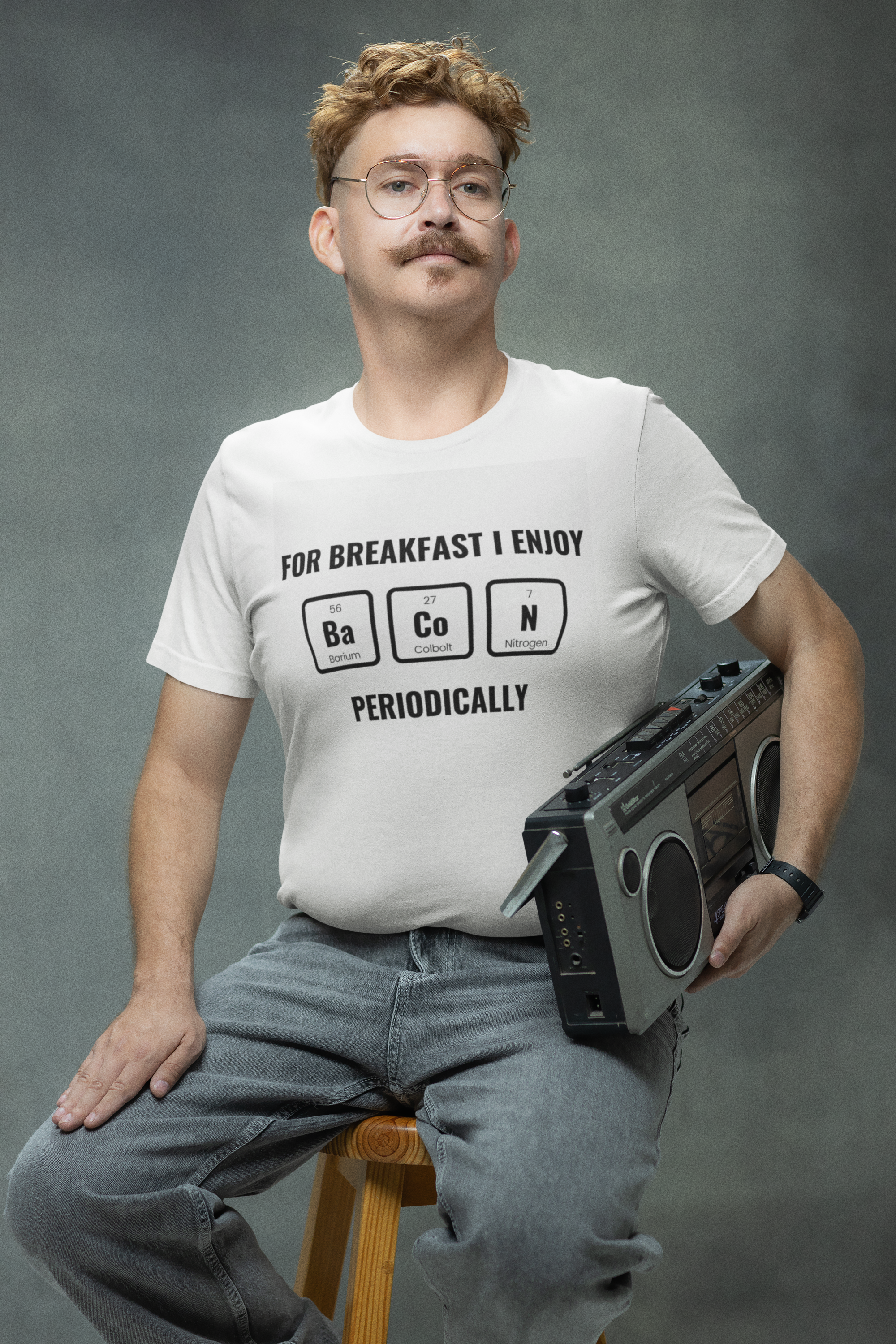 Introducing the "For Breakfast, I Enjoy Bacon, Periodically" Funny Periodic Table Unisex Cut &amp; Sew Tee (AOP), where science humor and culinary delights collide. This tee is a must-have for bacon lovers, chemistry enthusiasts, and anyone who enjoys starting their day with a laugh.