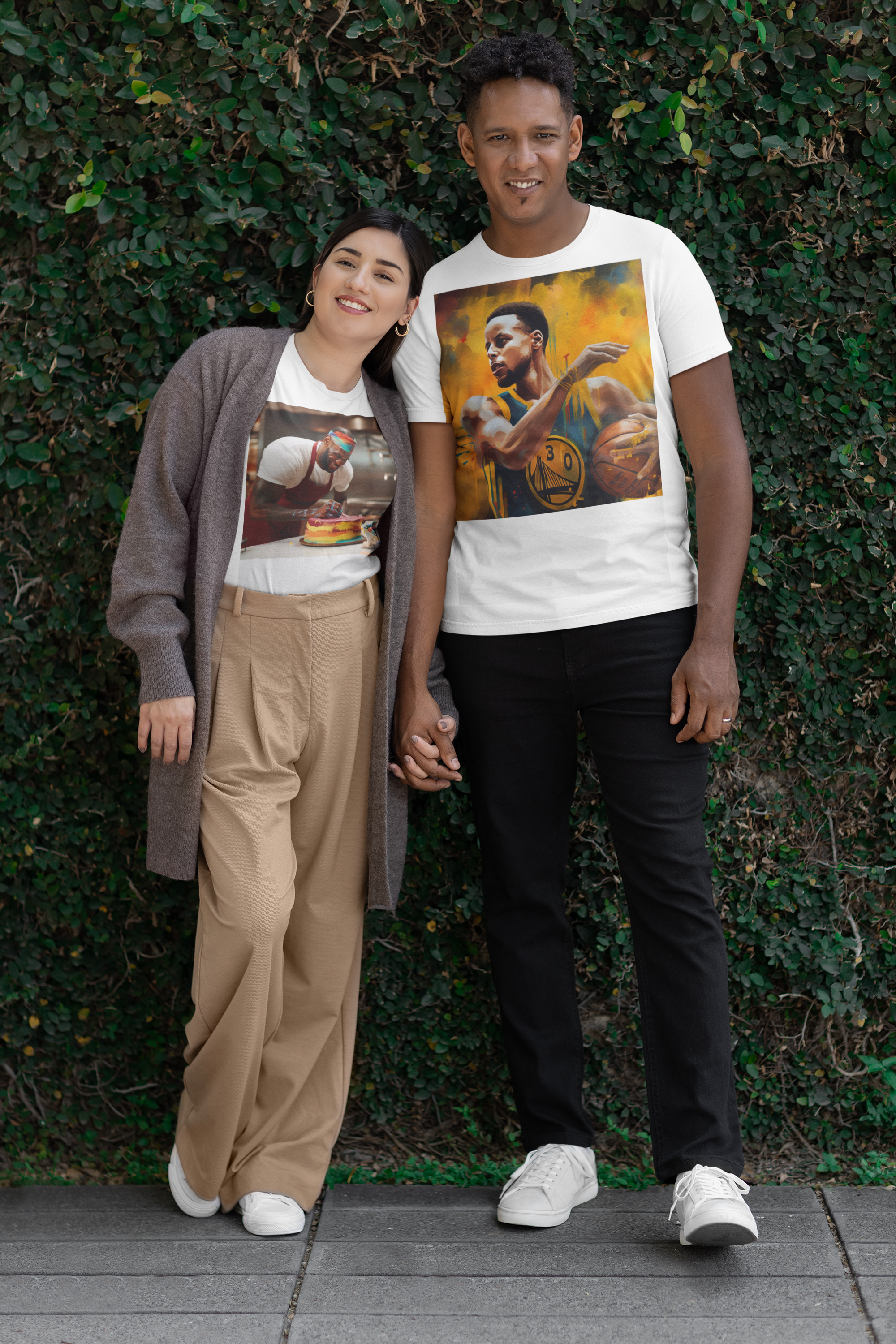 The photo features a stylish unisex garment-dyed t-shirt in a rich, inviting color. On the front, a unique design cleverly combines elements of basketball and baking, symbolizing the fusion of sports and culinary arts. The tee offers a relaxed fit, perfect for those who value comfort and style.