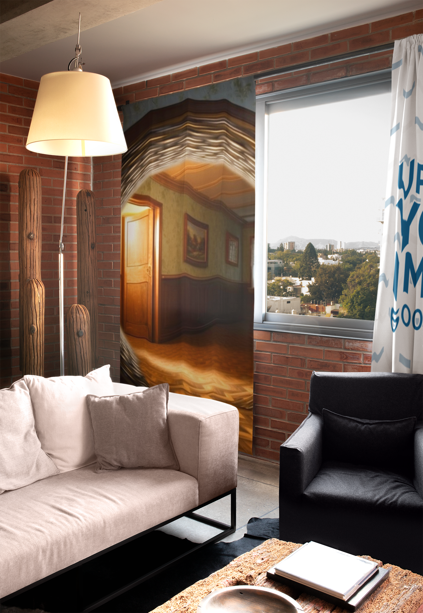 Mysterious Brown Building Interior Gateway Design for Contemporary Home Décor 🏢🛁 Fantasy Bathroom Decor🚪 Sublime Urban Illusion Portal: Hyper-Realistic Optical Illusion Tapestry & Shower Curtain -