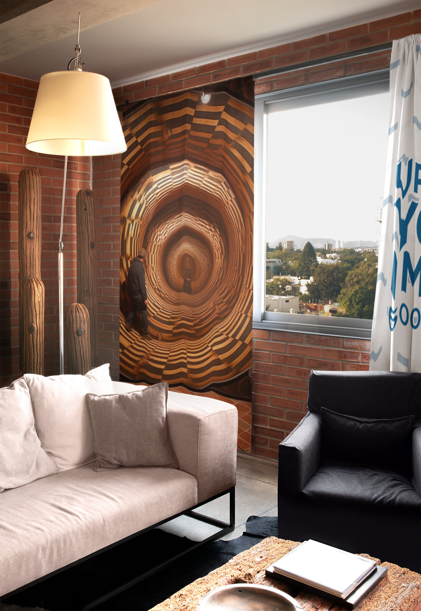 Fantasy Bathroom Decor🚪 Sublime Urban Illusion Portal: Hyper-Realistic Optical Illusion Tapestry & Shower Curtain - Brown Building Interior Gateway Design for Contemporary Home Décor 🏢🛁