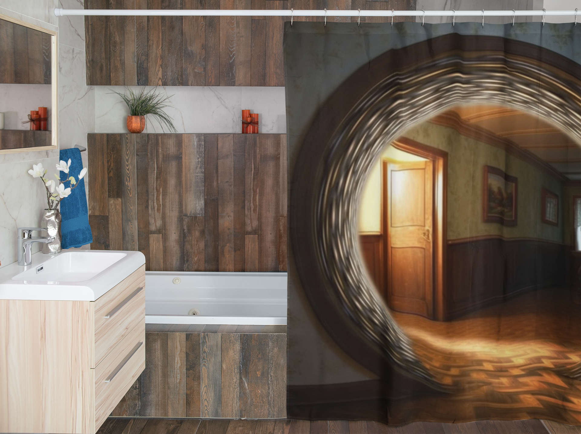 Mysterious Brown Building Interior Gateway Design for Contemporary Home Décor 🏢🛁 Fantasy Bathroom Decor🚪 Sublime Urban Illusion Portal: Hyper-Realistic Optical Illusion Tapestry & Shower Curtain -