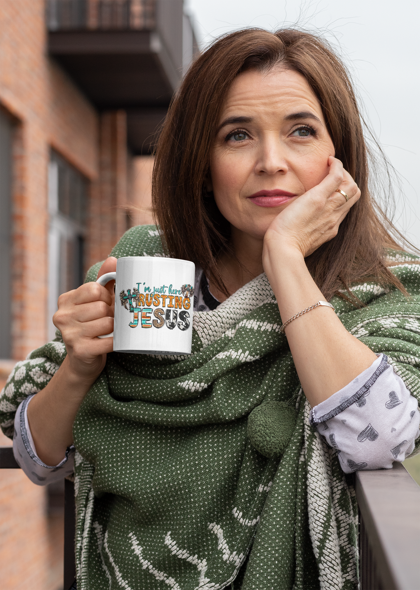 Humorous Conversation Starter at Bible Study. Embrace Faith and Trust in Jesus with Our 'I'm Just Here Trusting Jesus' Insulated Coffee Mug - 10oz: Start Your Day with Inspiration and Warmth