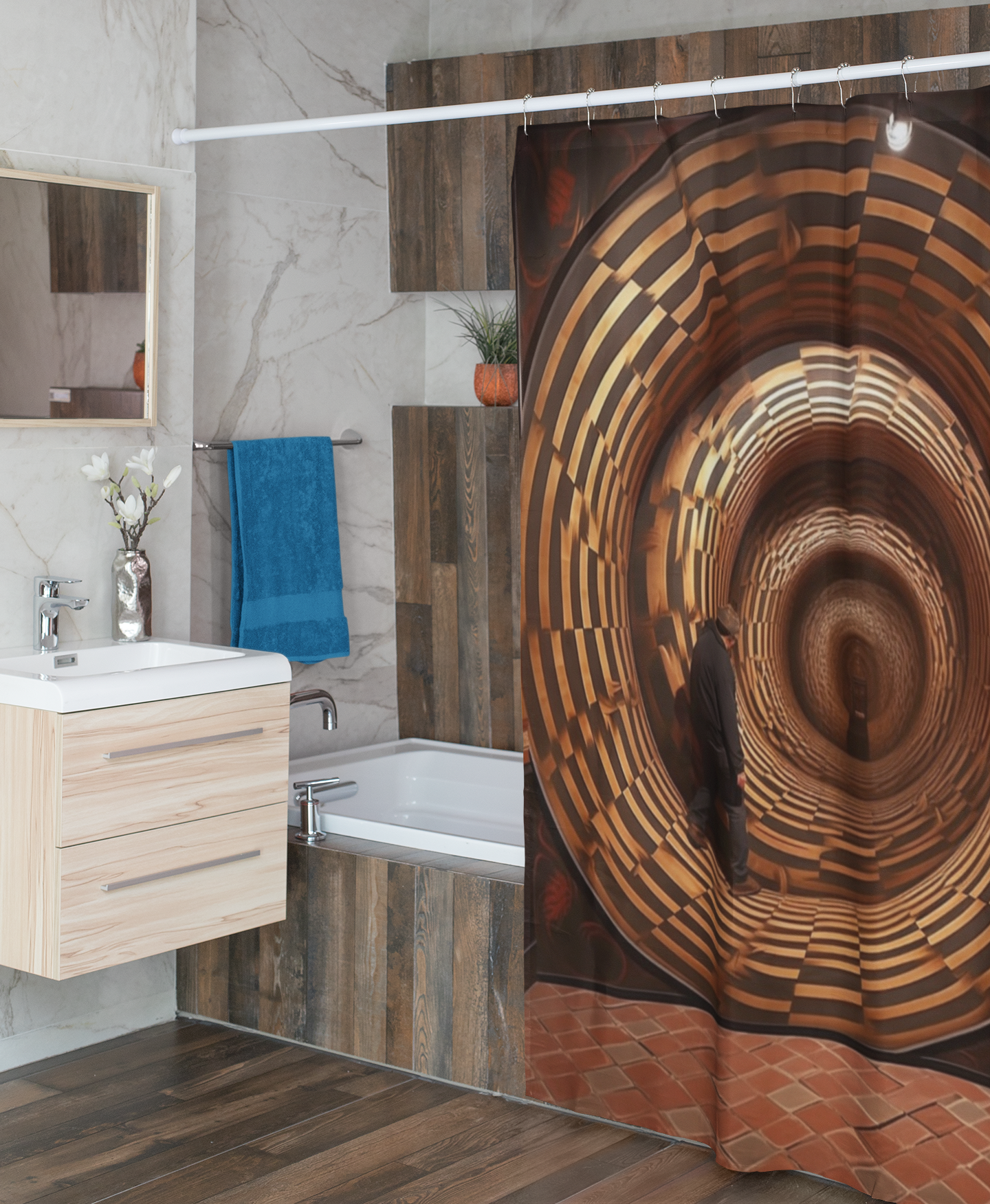 Fantasy Bathroom Decor🚪 Sublime Urban Illusion Portal: Hyper-Realistic Optical Illusion Tapestry & Shower Curtain - Brown Building Interior Gateway Design for Contemporary Home Décor 🏢🛁