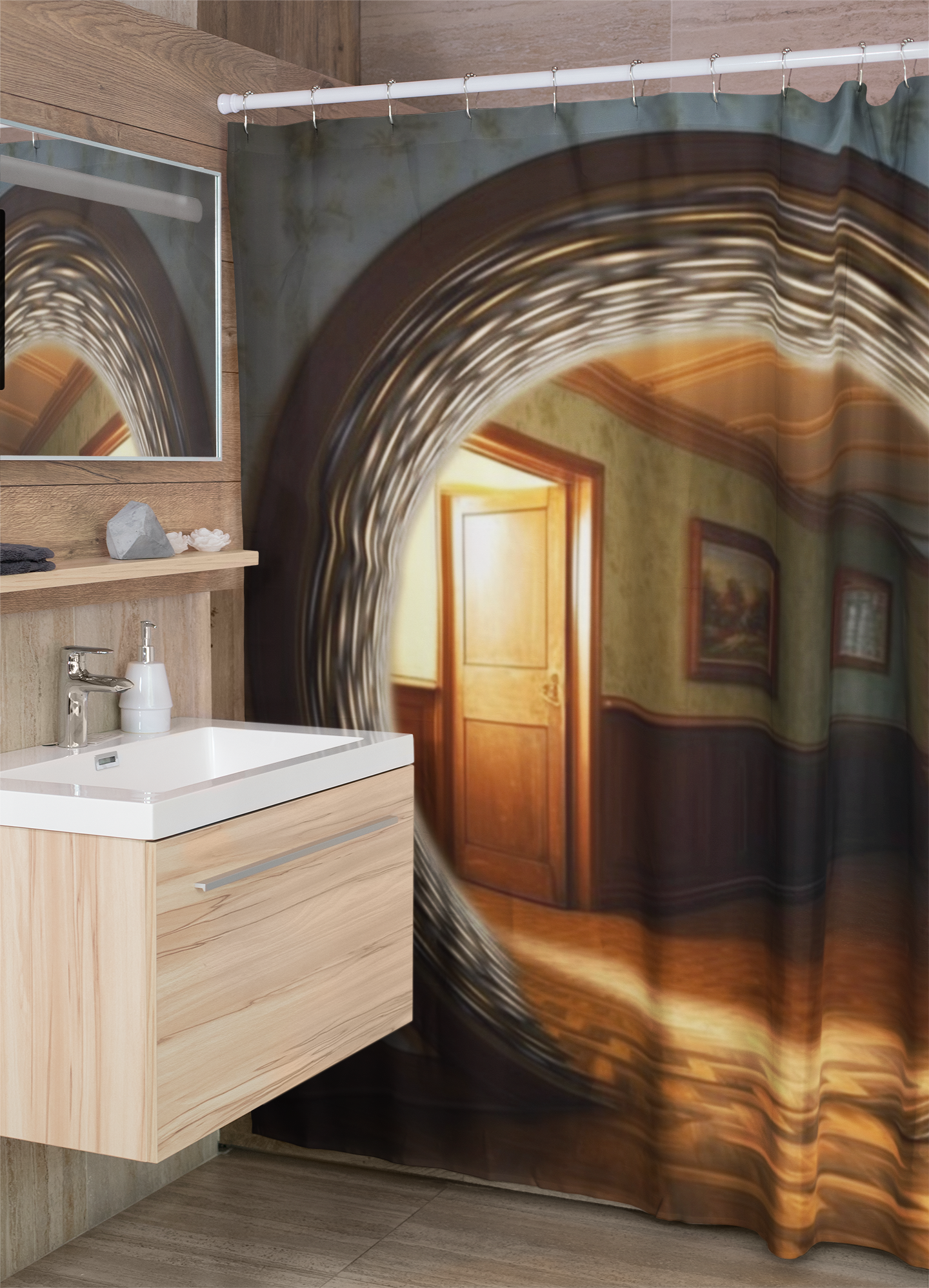 Mysterious Brown Building Interior Gateway Design for Contemporary Home Décor 🏢🛁 Fantasy Bathroom Decor🚪 Sublime Urban Illusion Portal: Hyper-Realistic Optical Illusion Tapestry & Shower Curtain -