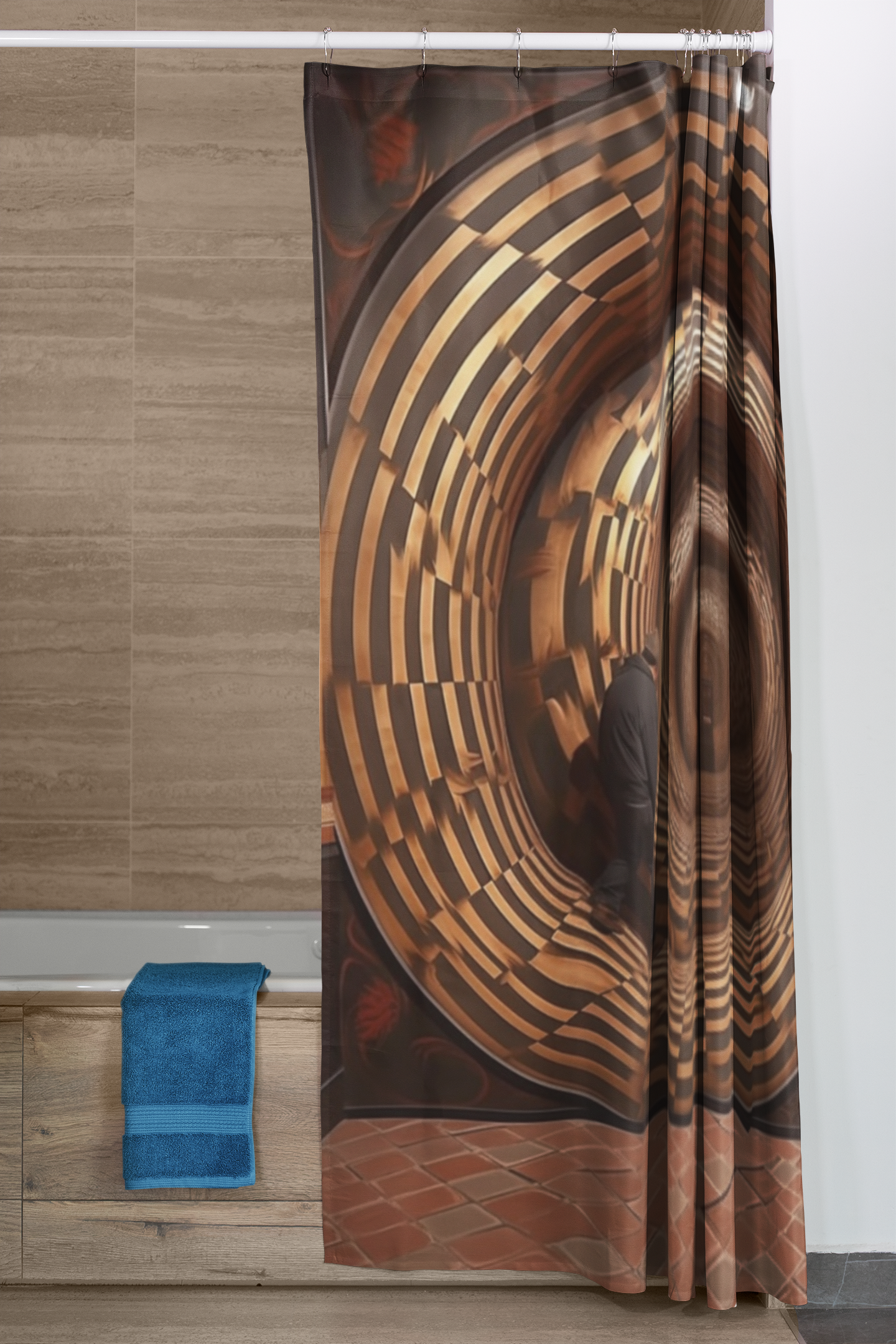 Fantasy Bathroom Decor🚪 Sublime Urban Illusion Portal: Hyper-Realistic Optical Illusion Tapestry & Shower Curtain - Brown Building Interior Gateway Design for Contemporary Home Décor 🏢🛁