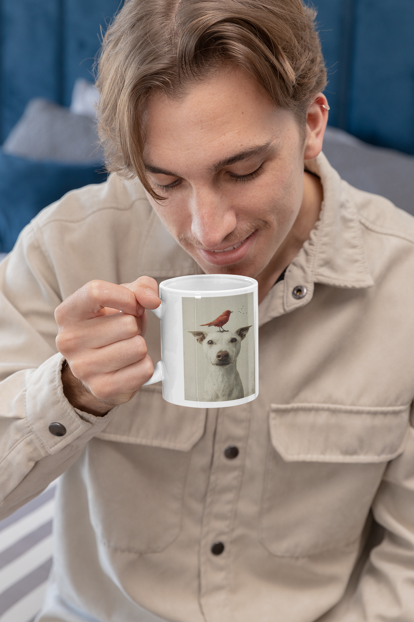 Happy Dog with Friendly Birddie Ceramic Mug 11oz - Adorable Animal Friendship Coffee Cup for Relaxing Mornings and Tea Time Bliss