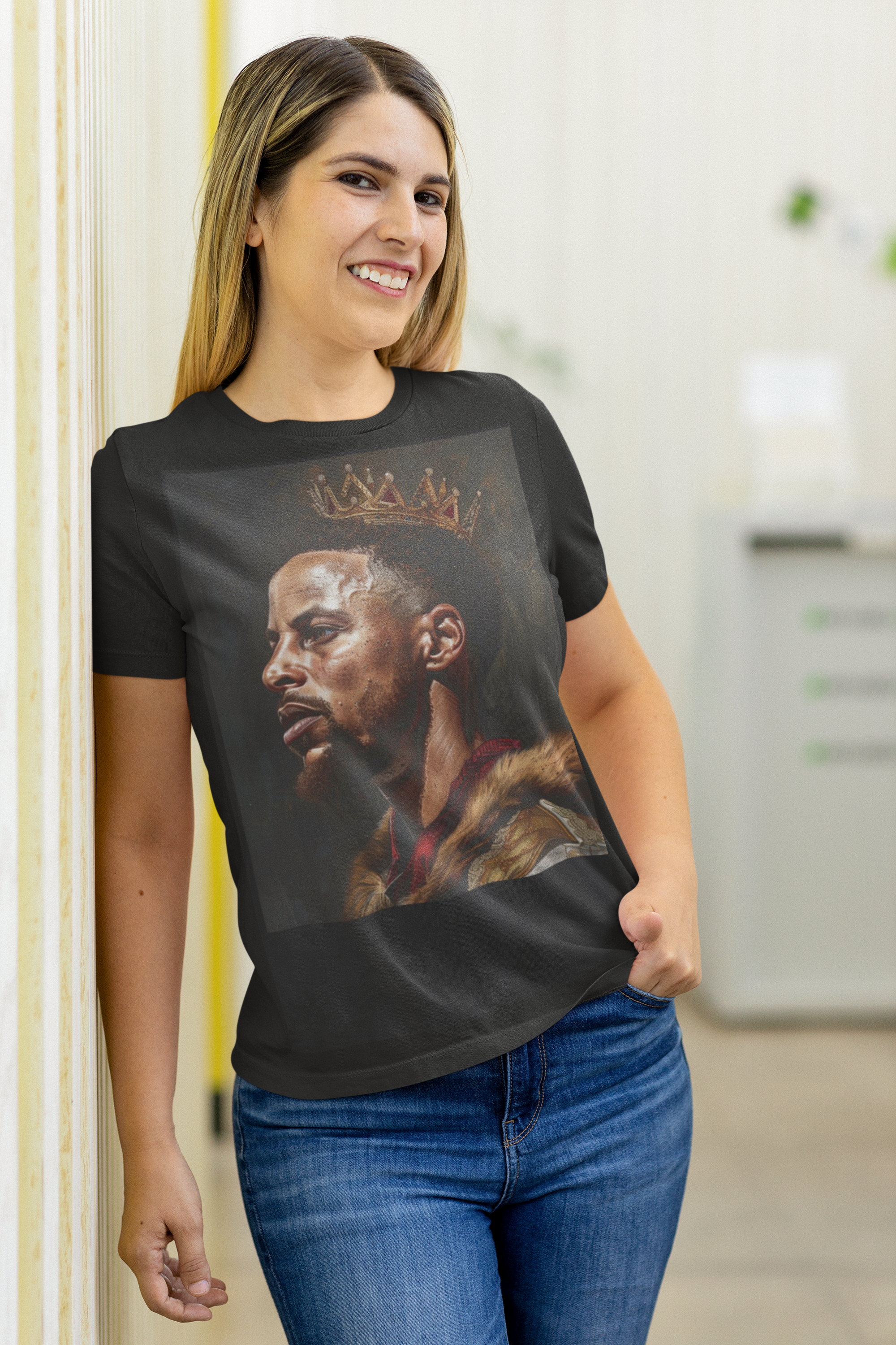 The image highlights the sophisticated and unique design of the unisex garment-dyed t-shirt, showcasing the detailed Renaissance-style painting of King Steph in action. The rich, garment-dyed colors set the perfect backdrop for the artwork, emphasizing the fusion of historical artistry and modern basketball culture.