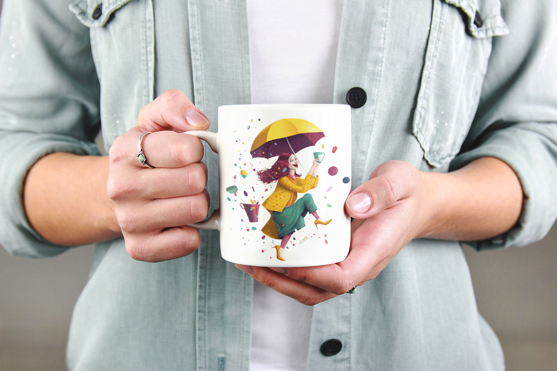 Cute Coffee Mug/ Cup With Happy Teacher Celebrating a Cup of Hot Starbucks Coffee to Start the Day on a Rainy Morning.