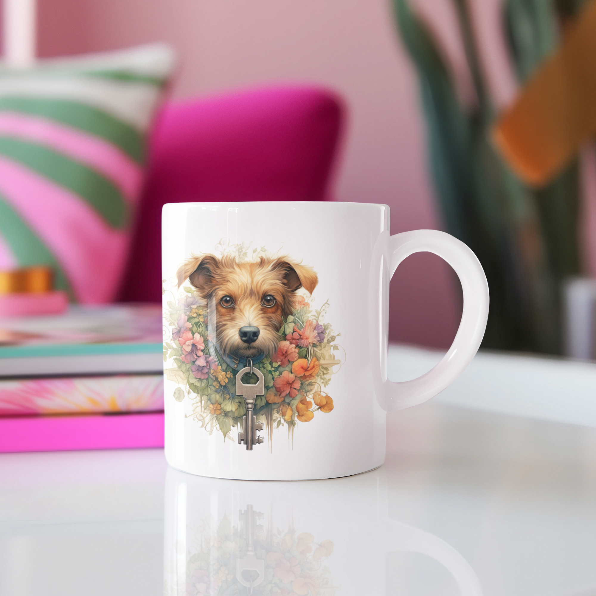 11oz Ceramic Mug: Exclusive Floral Doggy Design | Professional Artwork | Ideal for Mornings