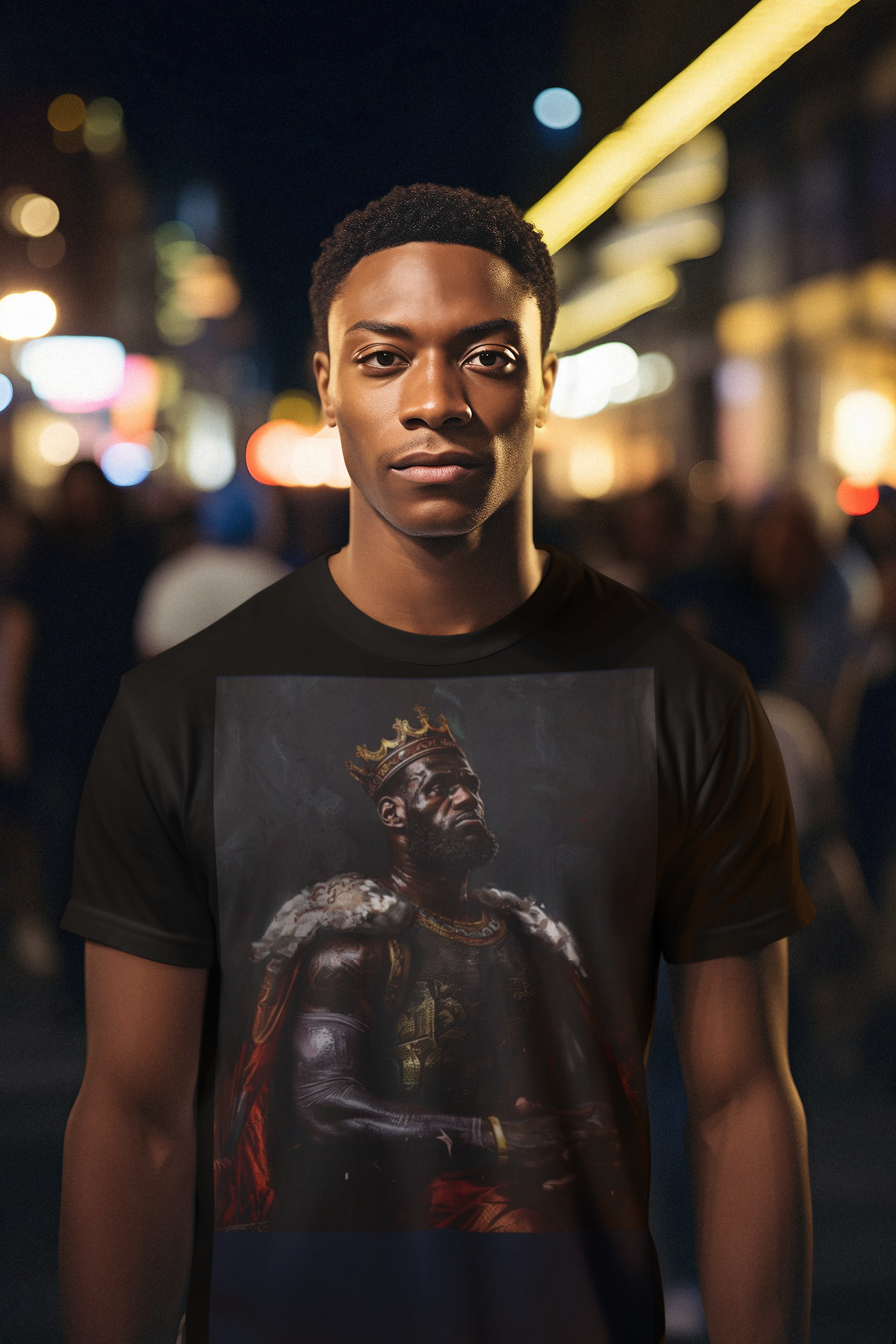 The image showcases the sophisticated unisex softstyle t-shirt, featuring a detailed and artistically rendered portrait of King James in the style of a Renaissance painting. The quality of the softstyle material is evident, promising comfort and durability, while the design speaks to the blend of sports legacy and classical elegance. Inspired by Lebron James