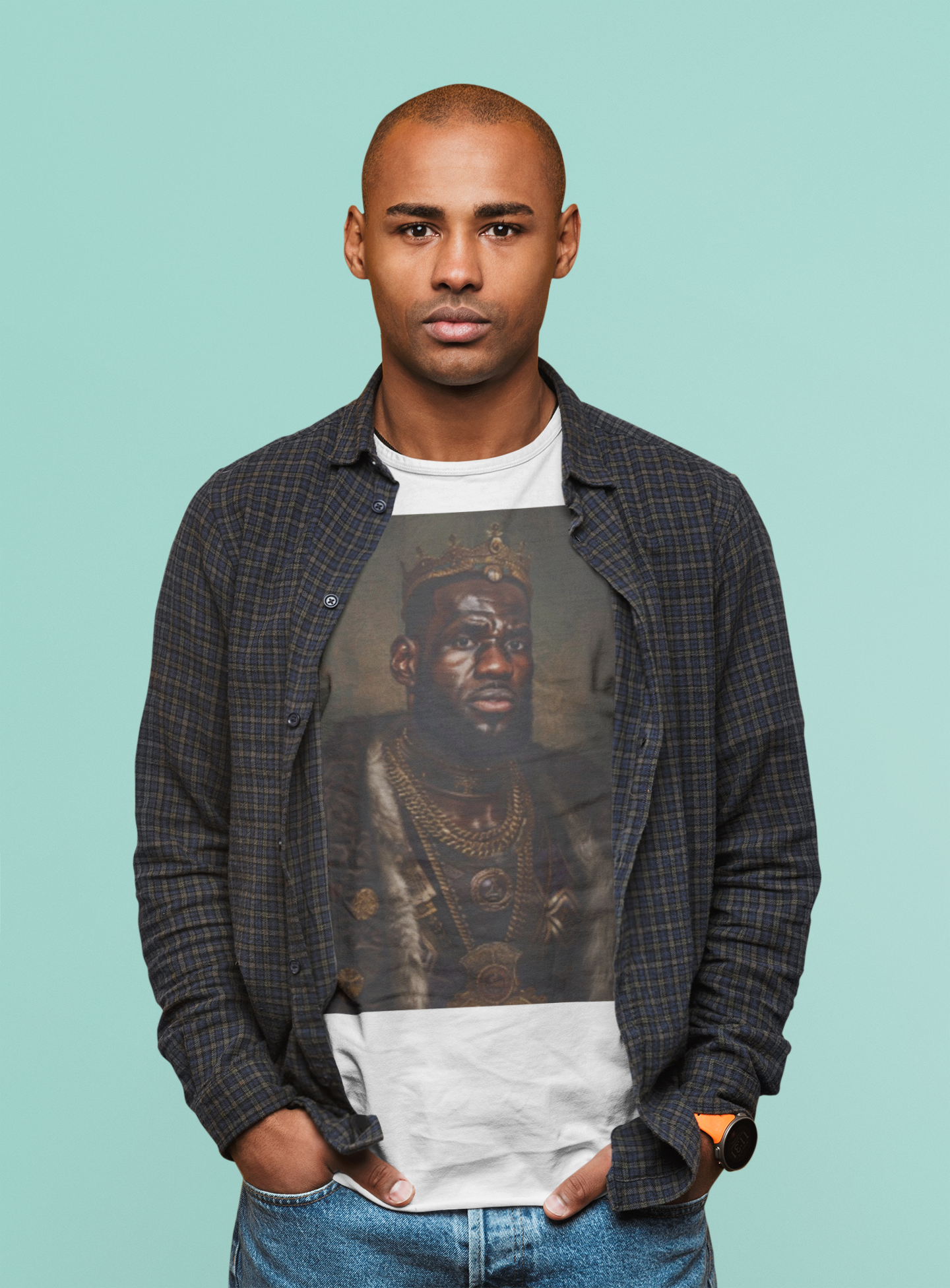 The image showcases the sophisticated unisex softstyle t-shirt, featuring a detailed and artistically rendered portrait of King James in the style of a Renaissance painting. The quality of the softstyle material is evident, promising comfort and durability, while the design speaks to the blend of sports legacy and classical elegance.
