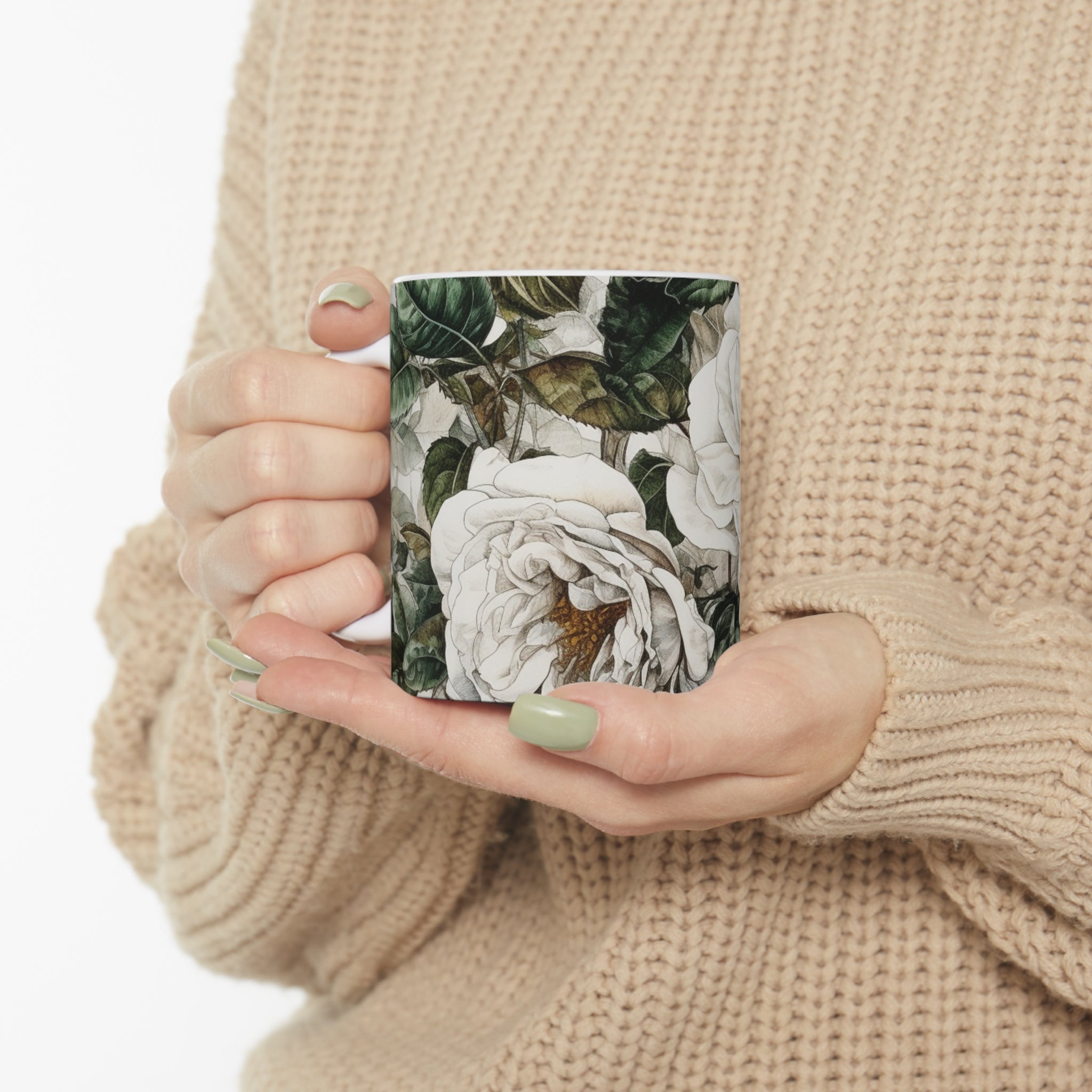 Cute Floral Coffee Mug Coffee Cup With Beautiful White Rose Bush Flowers for Hot Starbucks Coffee or Yeti Drinks