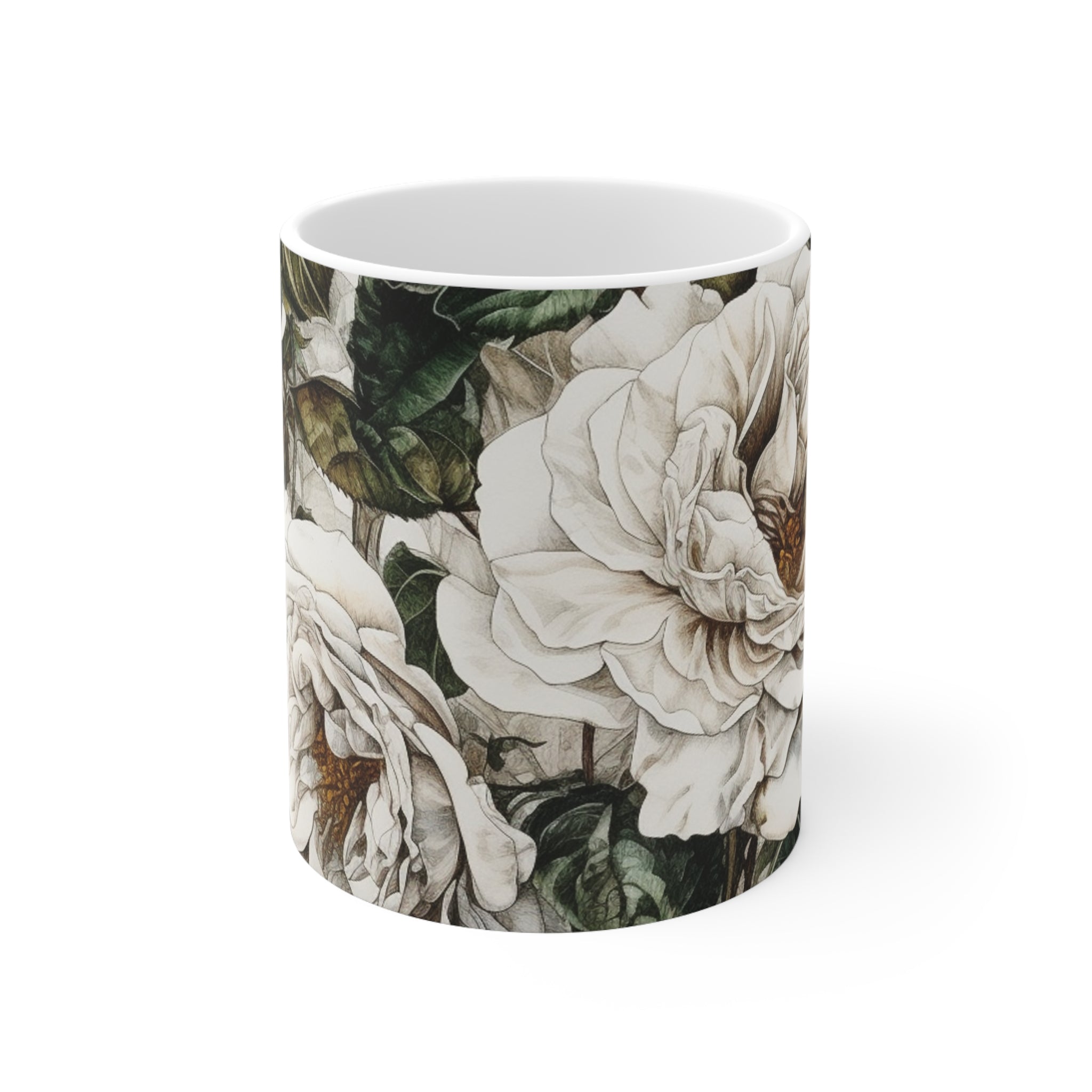 Cute Floral Coffee Mug Coffee Cup With Beautiful Painted White Rose Bush for Hot Starbucks Coffee or Yeti Drinks