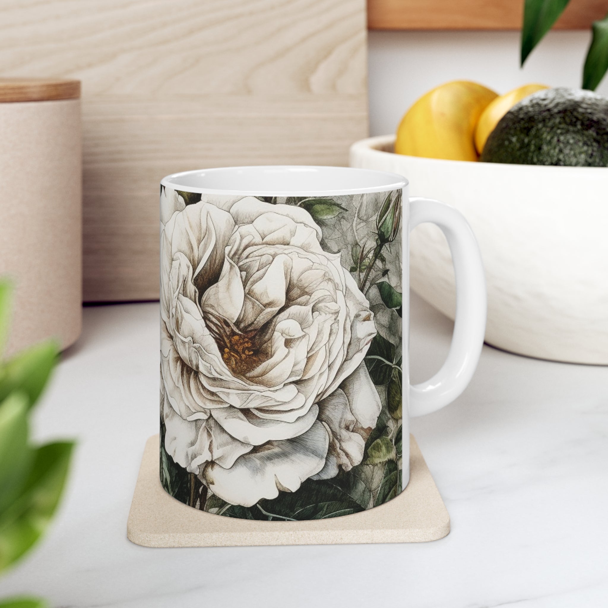 Cute Floral Coffee Mug Coffee Cup With Beautiful White Rose Bush Flowers for Hot Starbucks Coffee or Yeti Drinks