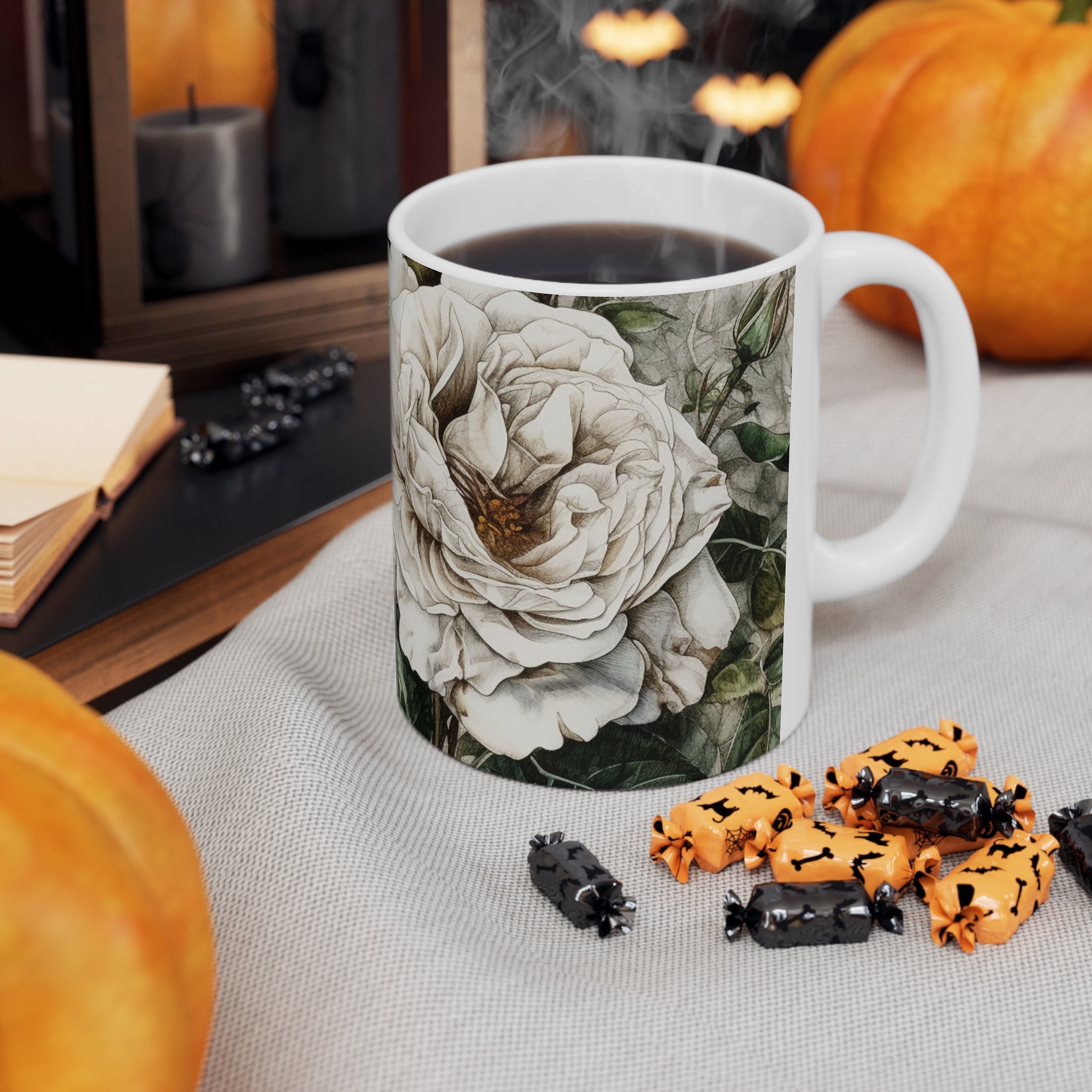 Cute Floral Coffee Mug Coffee Cup With Beautiful White Rose Bush Flowers for Hot Starbucks Coffee or Yeti Drinks