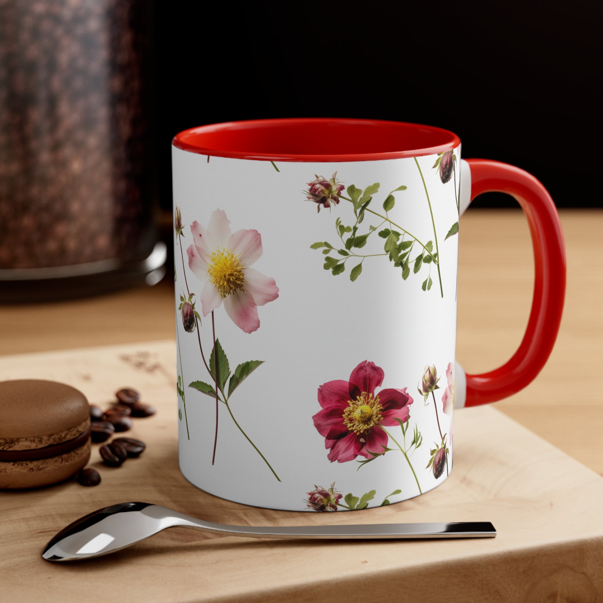 11oz accent coffee mug, Summer Flowers design, ceramic tea cup, handcrafted, vibrant floral gift, unique home decor for "Cawfee" Lovers