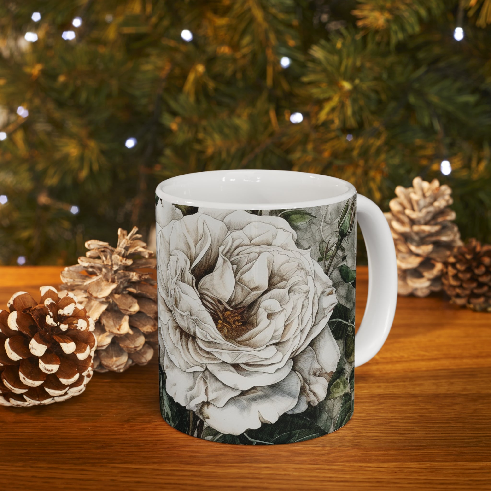 Cute Floral Coffee Mug Coffee Cup With Beautiful White Rose Bush Flowers for Hot Starbucks Coffee or Yeti Drinks