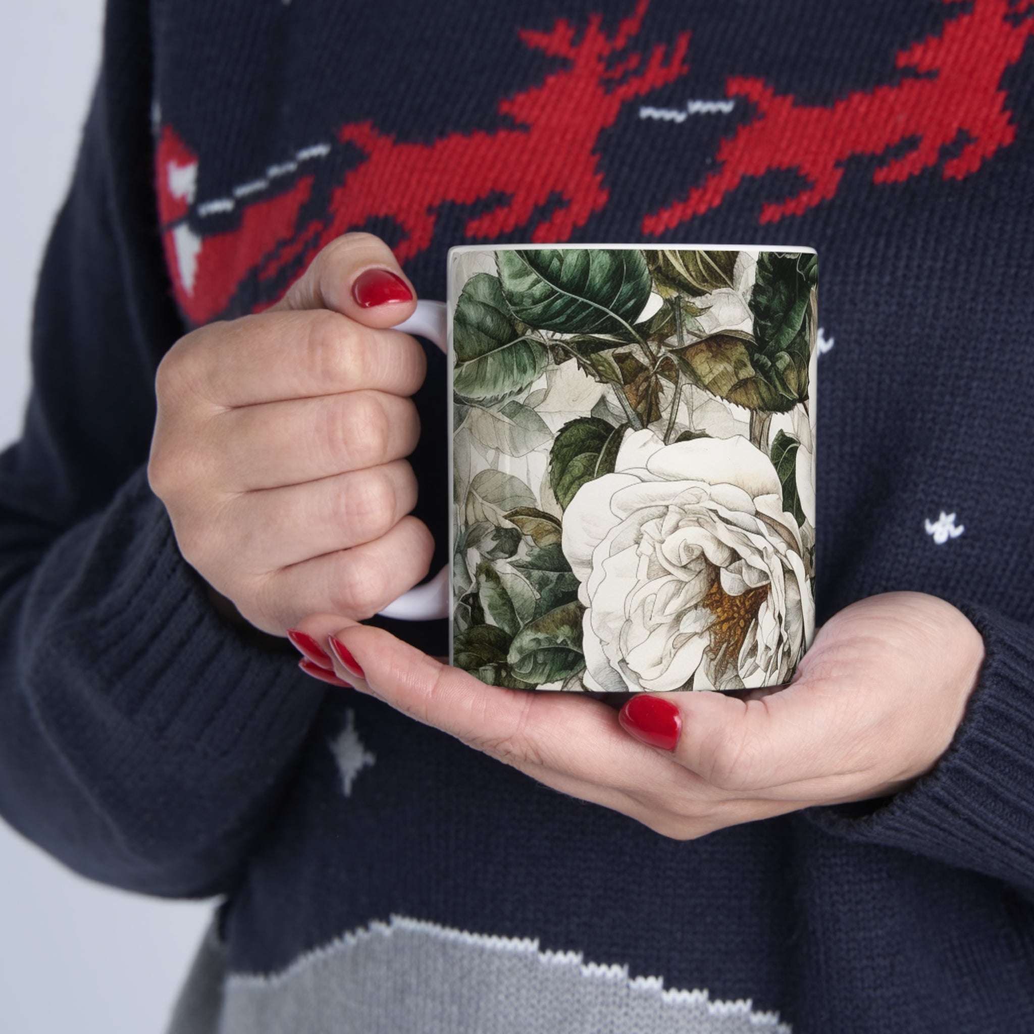 Cute Floral Coffee Mug Coffee Cup With Beautiful White Rose Bush Flowers for Hot Starbucks Coffee or Yeti Drinks.  Women's Cute Holiday Sweater in Background.