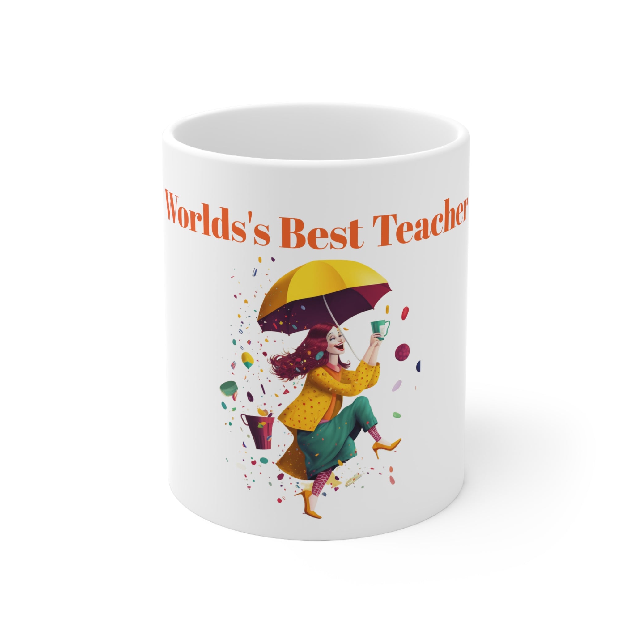 Cute Coffee Mug/ Cup With Happy Teacher With Her Cute Yellow Umbrella Celebrating a Cup of Hot Starbucks Coffee to Start the Day on a Rainy Morning. Text Says World's Best Teacher