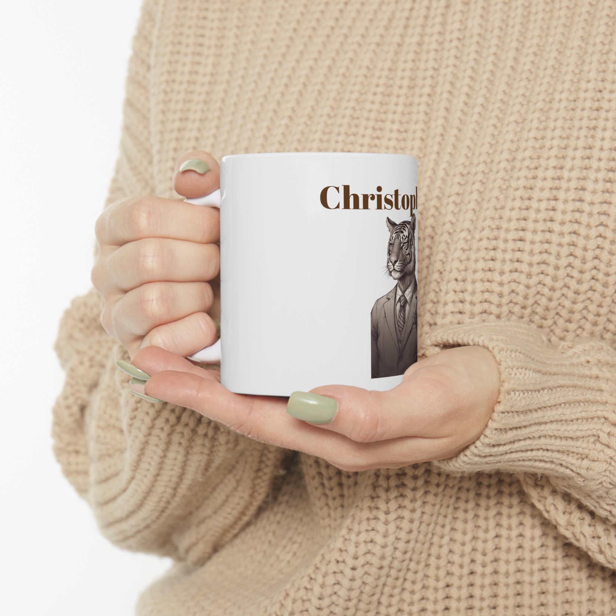 Christopher's Coffee Mug 11oz - Tiger in CEO Suit - Unique Ceramic Gift for Office