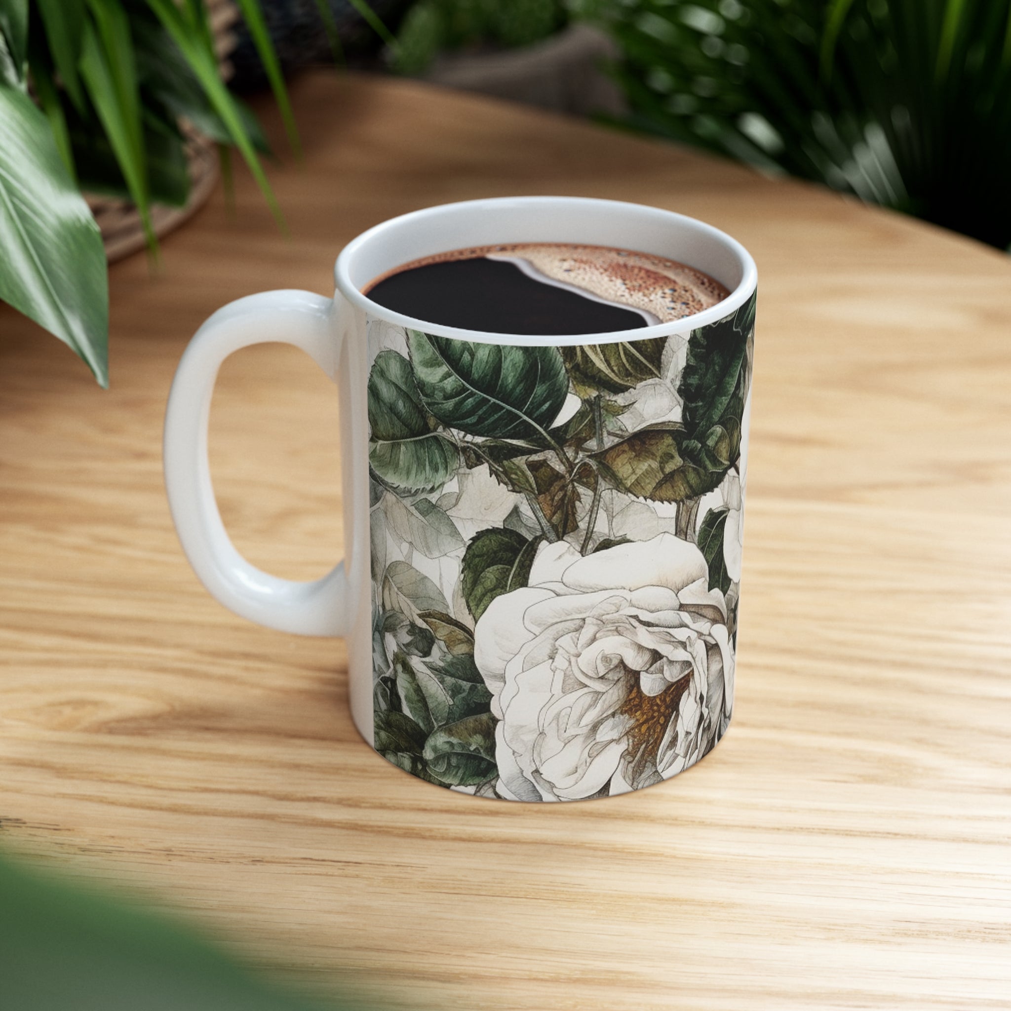 Cute Floral Coffee Mug Coffee Cup With Beautiful White Rose Bush Flowers for Hot Starbucks Coffee or Yeti Drinks